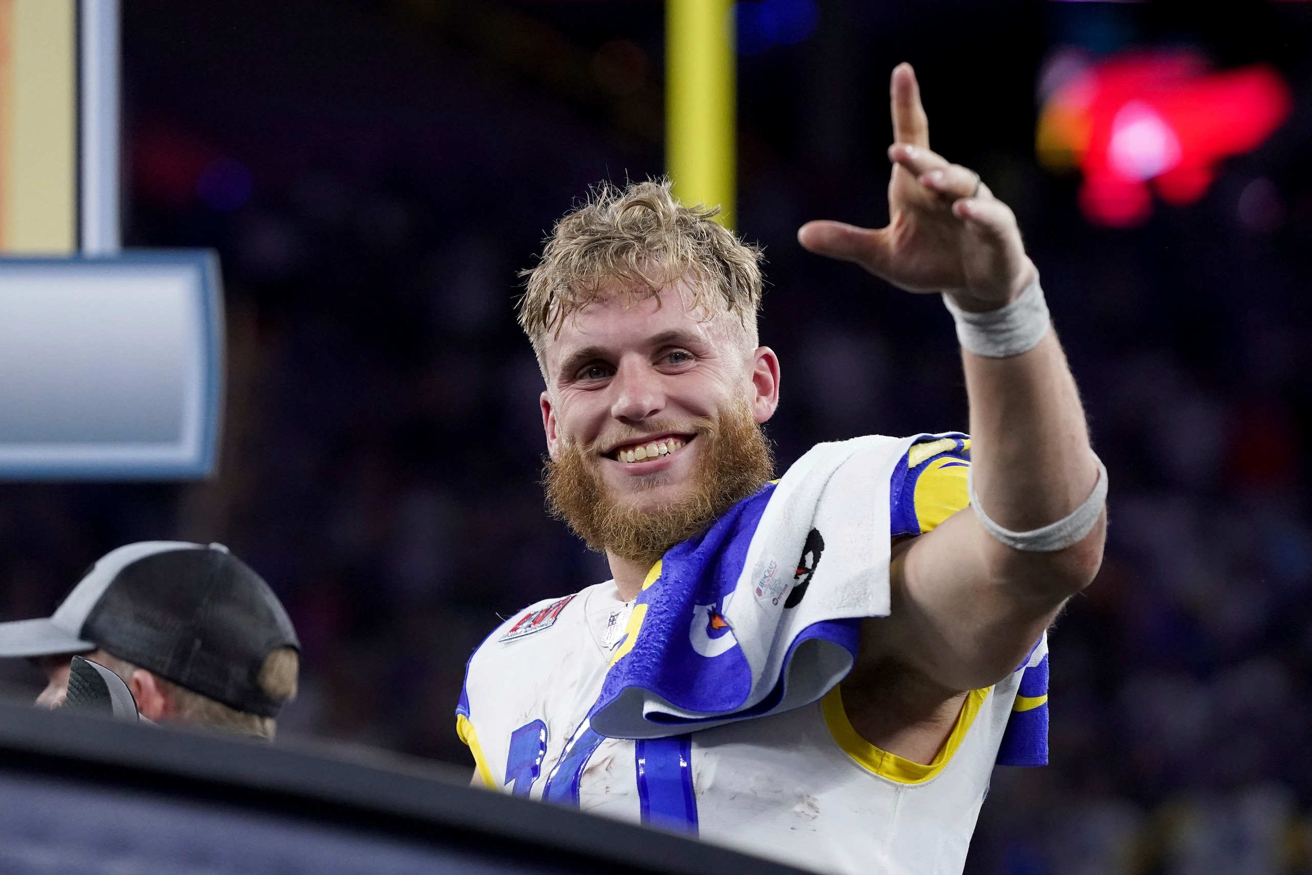 Los Angeles Rams wide receiver Cooper Kupp (10) celebrates after their victory against the Cincinnati Bengals in Super Bowl 56, Sunday, Feb. 13, 2022 in Inglewood, CA. The Rams defeated the Bengals 23-30. (AP Photo/Doug Benc)