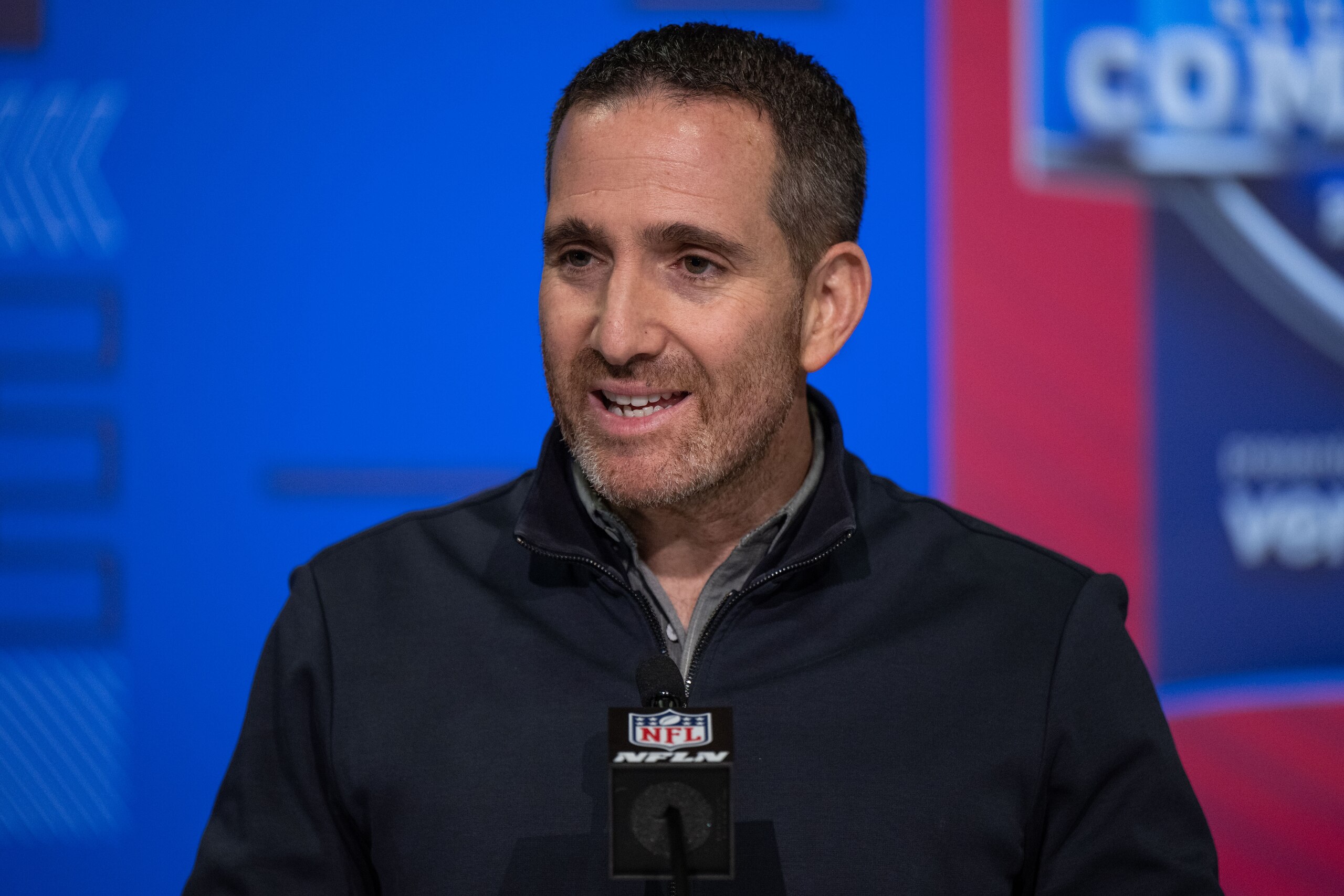 INDIANAPOLIS, IN - MARCH 02: Philadelphia Eagles general manager Howie Roseman answers questions from the media during the NFL Scouting Combine on March 2, 2022, at the Indiana Convention Center in Indianapolis, IN. (Photo by Zach Bolinger/Icon Sportswire via Getty Images)