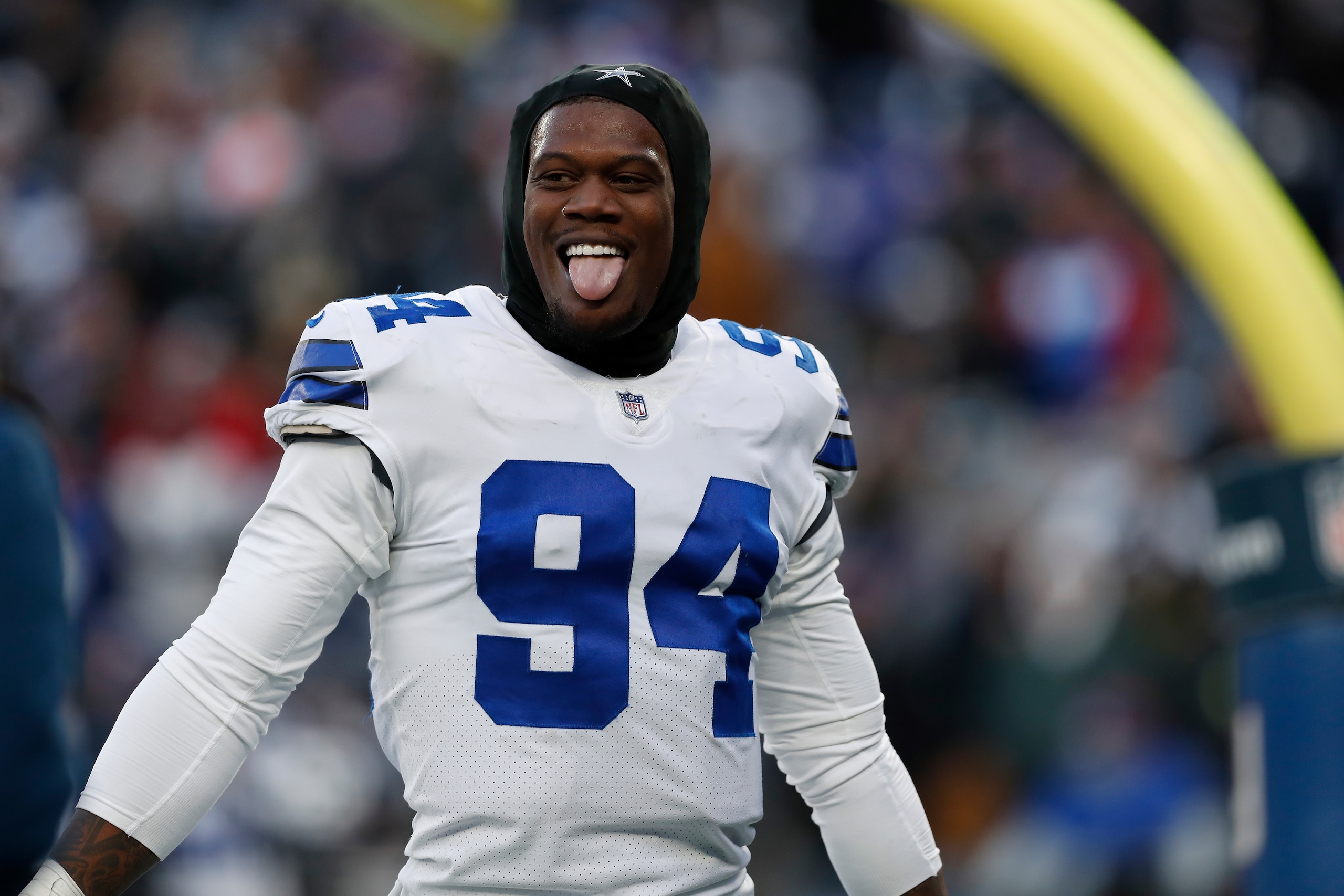 Dallas Cowboys defensive end Randy Gregory (94) celebrates after a call was overturned during an NFL football game against the New York Giants, Sunday, Dec. 19, 2021, in East Rutherford, N.J. (AP Photo/Steve Luciano)