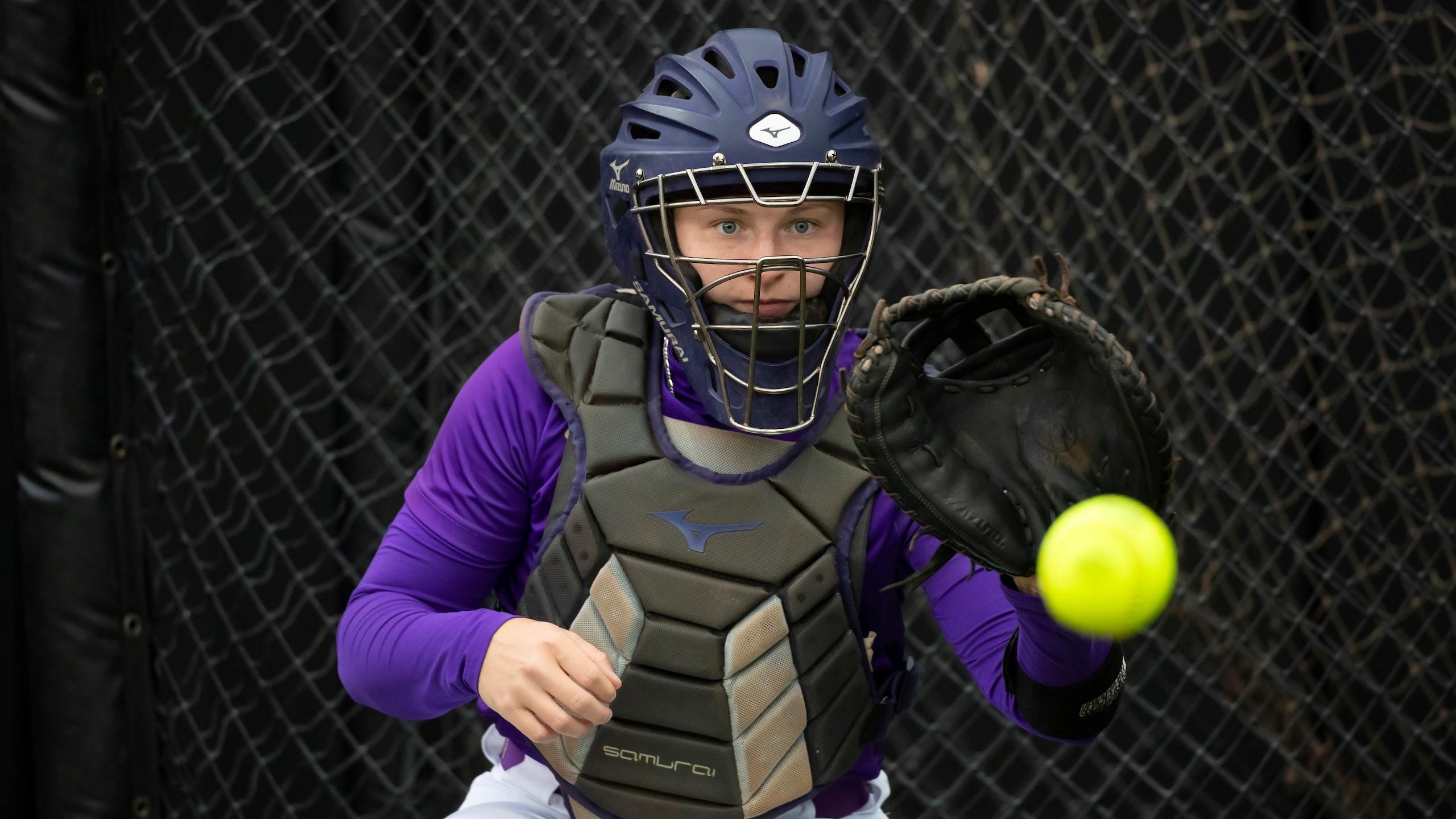 James Madison catcher Lauren Bernett during a NCAA softball game on Friday, May 28, 2021 in Columbia, Mo. (AP Photo/Colin E. Braley)