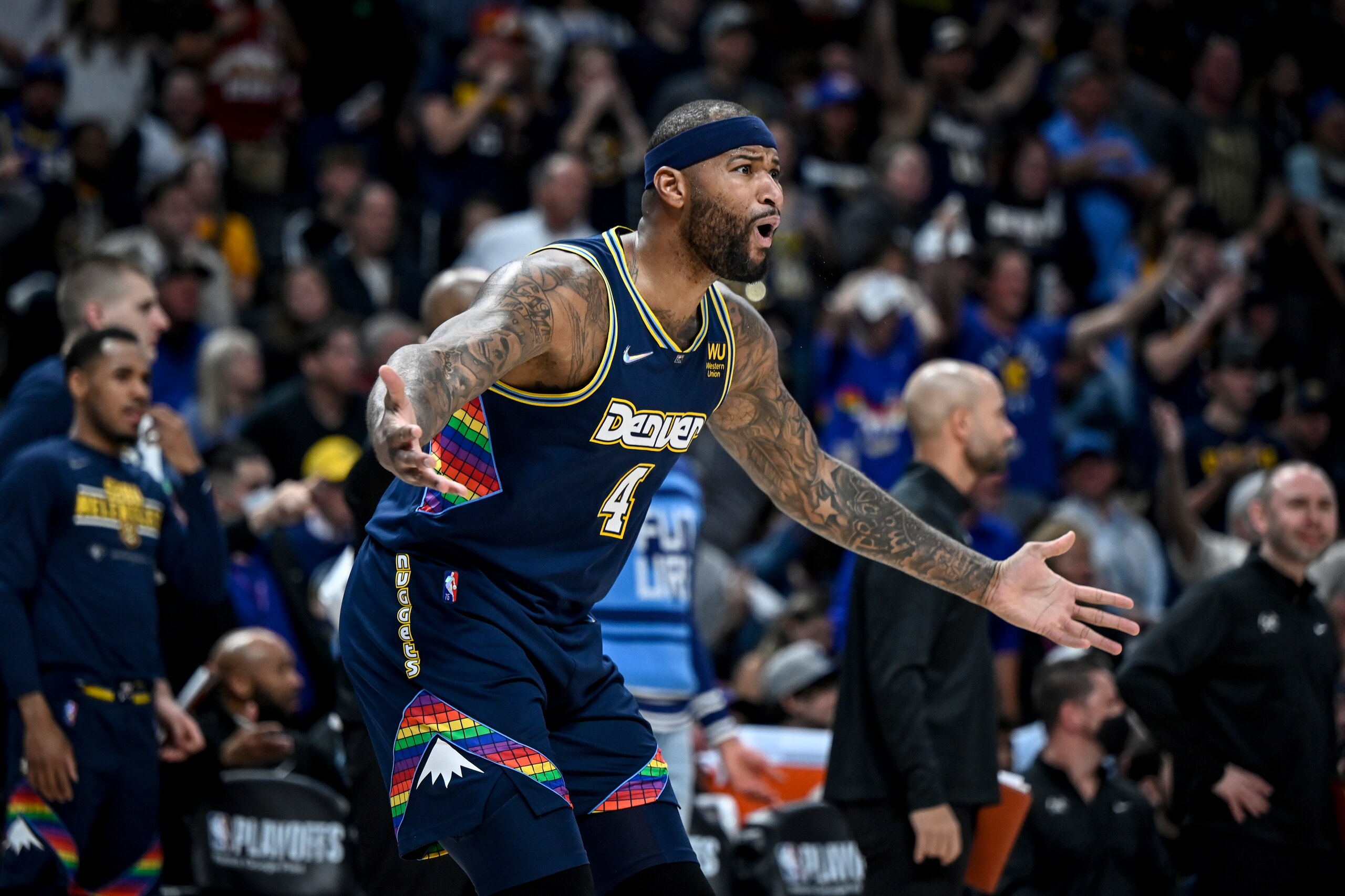 DENVER, CO - APRIL 24: DeMarcus Cousins (4) of the Denver Nuggets is given a technical foul during the second quarter against the Golden State Warriors at Ball Arena on Sunday, April 24, 2022. (Photo by AAron Ontiveroz/MediaNews Group/The Denver Post via Getty Images)