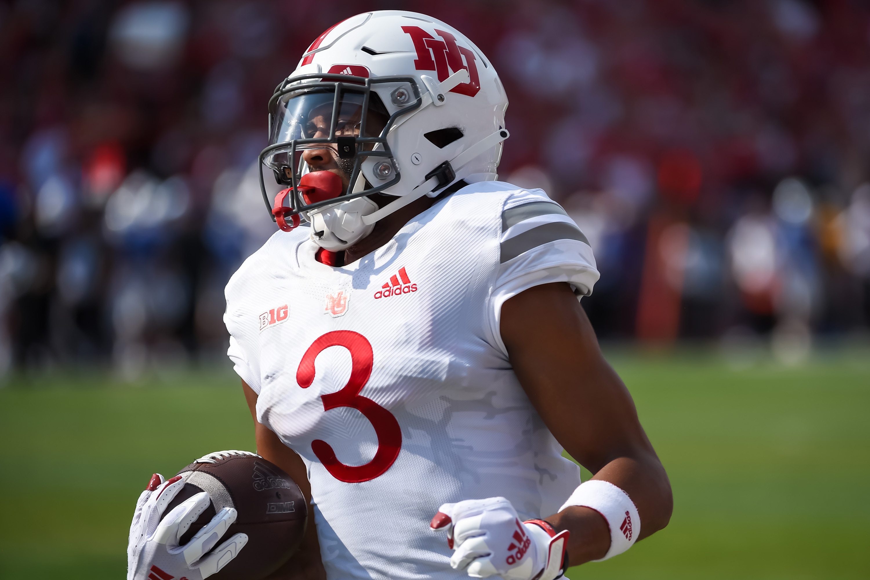 LINCOLN, NEBRASKA - SEPTEMBER 11: Wide receive Samori Toure #3 of the Nebraska Cornhuskers scores against the Buffalo Bulls in the first half at Memorial Stadium on September 11, 2021 in Lincoln, Nebraska. (Photo by Steven Branscombe/Getty Images)