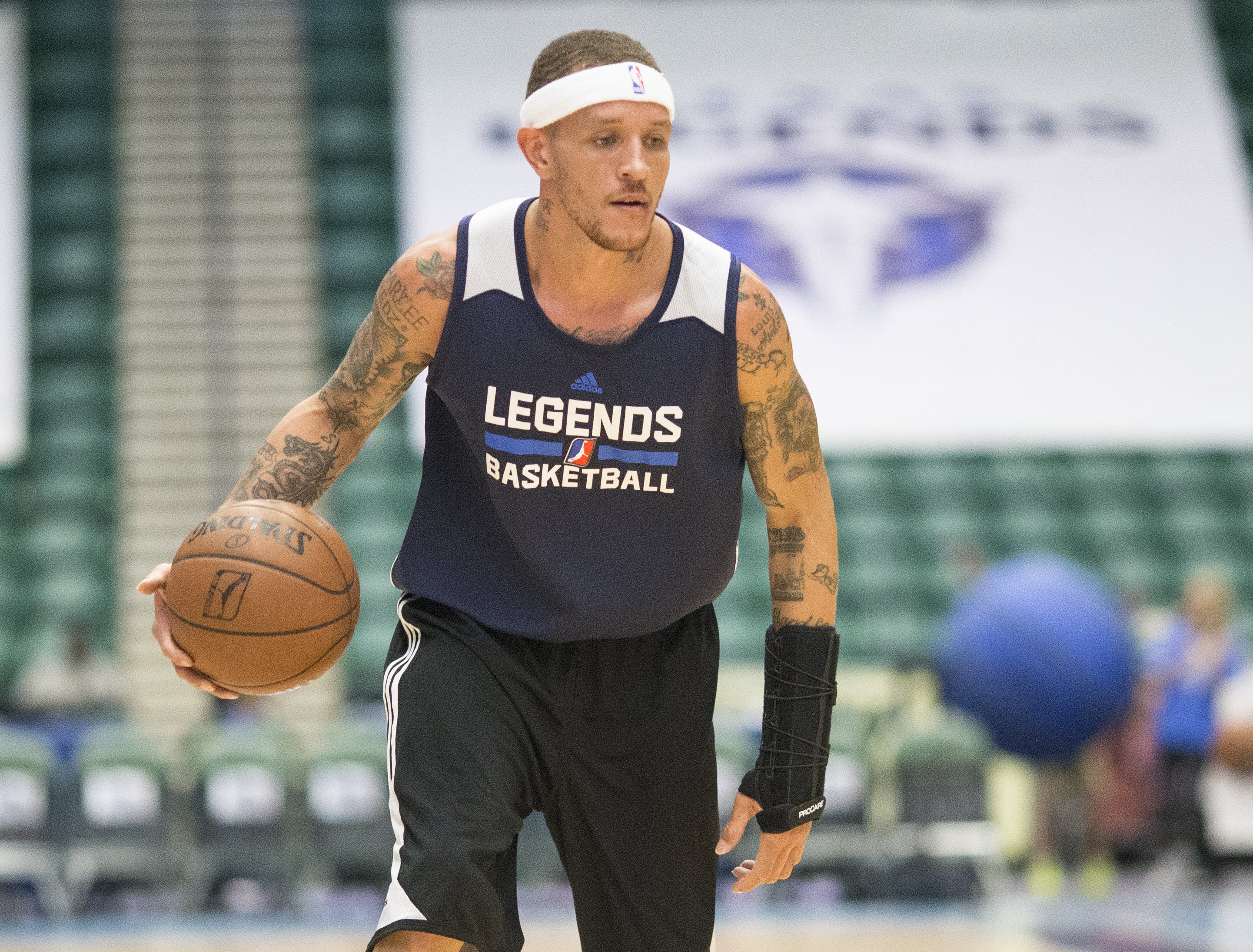 Frisco, TX- April 1: Texas Legends basketball player Delonte West on the court during a solo pre-game workout at the Dr. Pepper Arena on April 1, 2015 in Frisco, Texas.  West is currently on the disabled list with the Frisco, Texas D-League team Texas Legends.  He has a wrist injury on his left hand.  West has had an interesting career path in the NBA and hopes to again play on an NBA team.  (Photo by Michael Mulvey for The Washington Post via Getty Images)