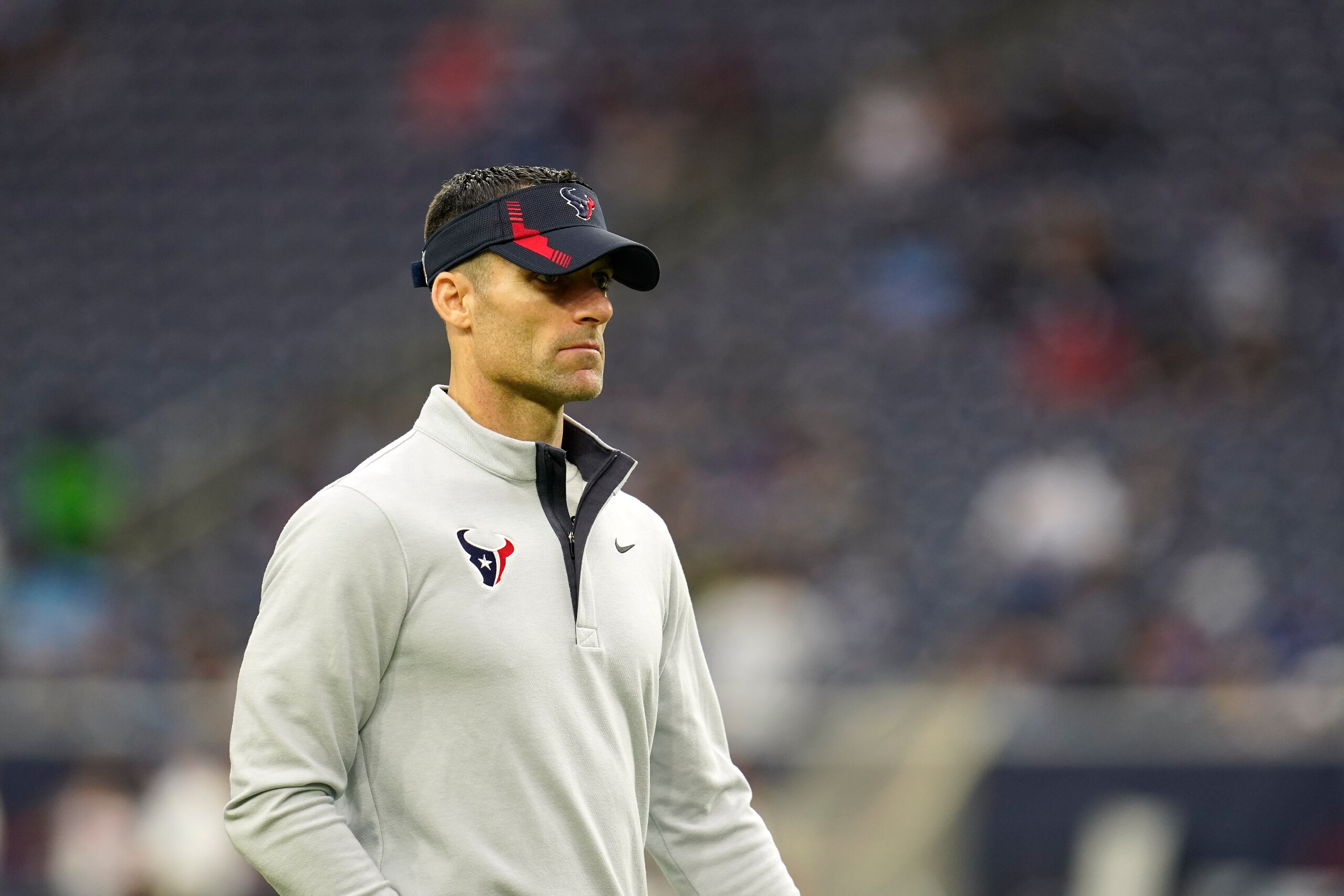 Houston Texans general manager Nick Caserio during player warmups before an NFL football game against the Tennessee Titans, Sunday, Jan. 9, 2022, in Houston. (AP Photo/Matt Patterson)