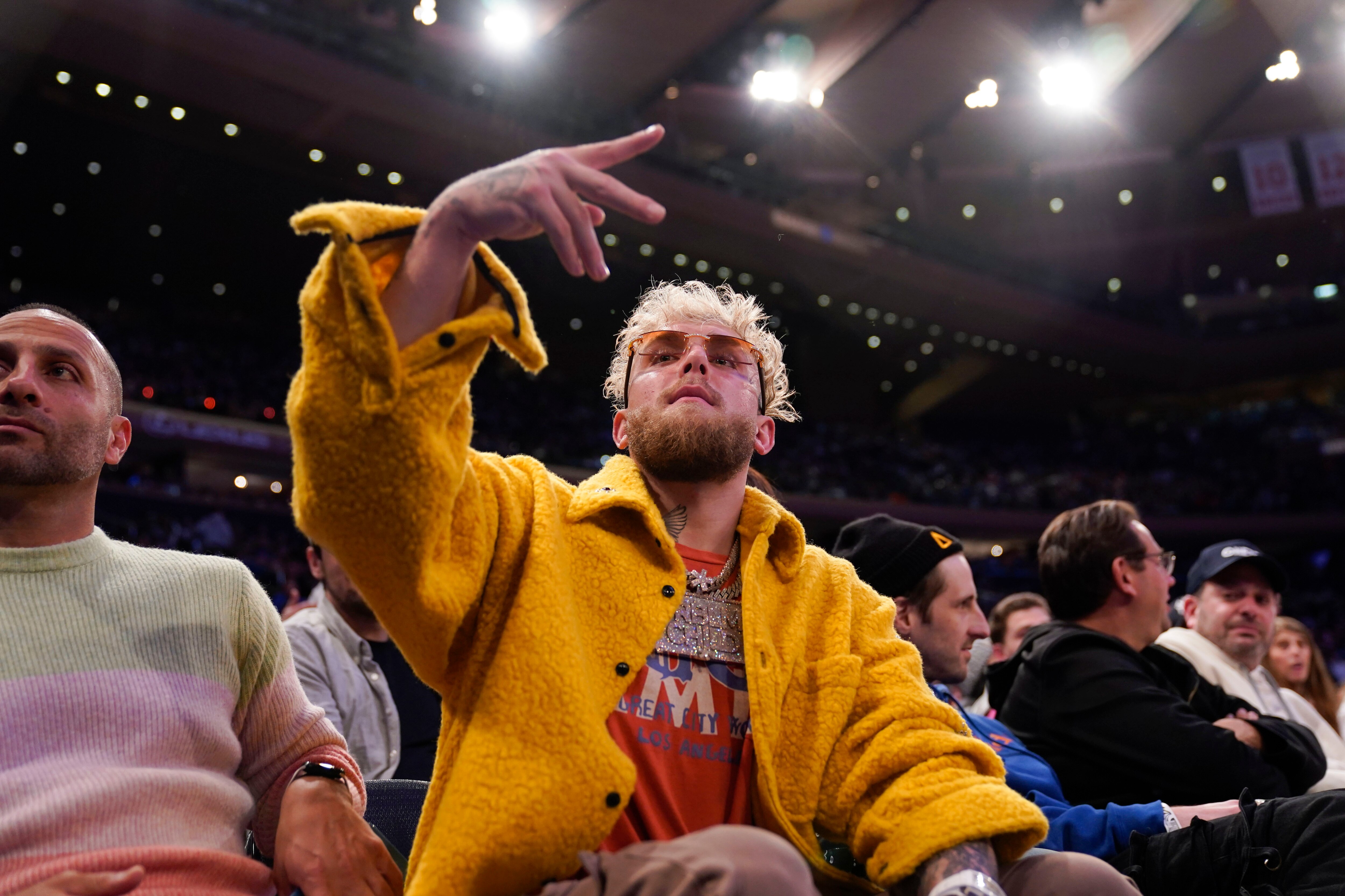 Jake Paul attends an NBA basketball game between the New York Knicks and the Memphis Grizzlies, Wednesday, Feb. 2, 2022, in New York. The Grizzlies defeated the Knicks 120-108. (AP Photo/Seth Wenig)