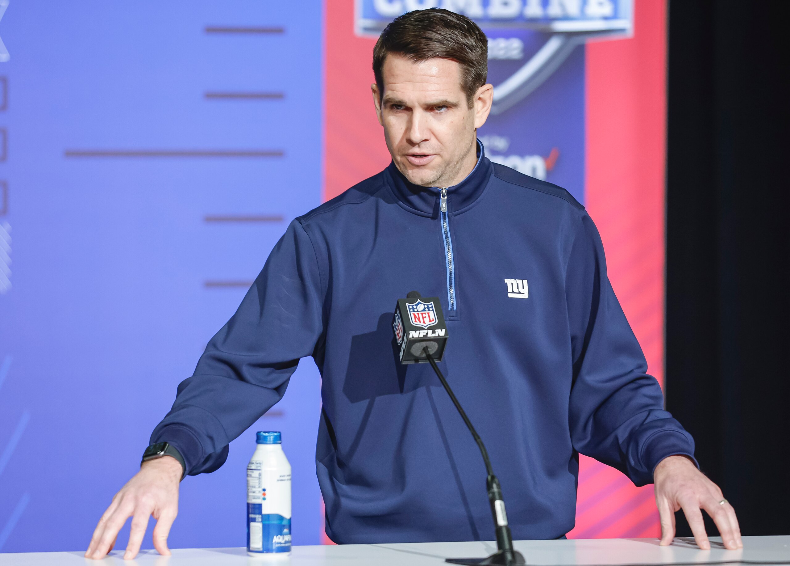 INDIANAPOLIS, IN - MAR 01: Joe Schoen, general manager of the New York Giants speaks to reporters during the NFL Draft Combine at the Indiana Convention Center on March 1, 2022 in Indianapolis, Indiana. (Photo by Michael Hickey/Getty Images)
