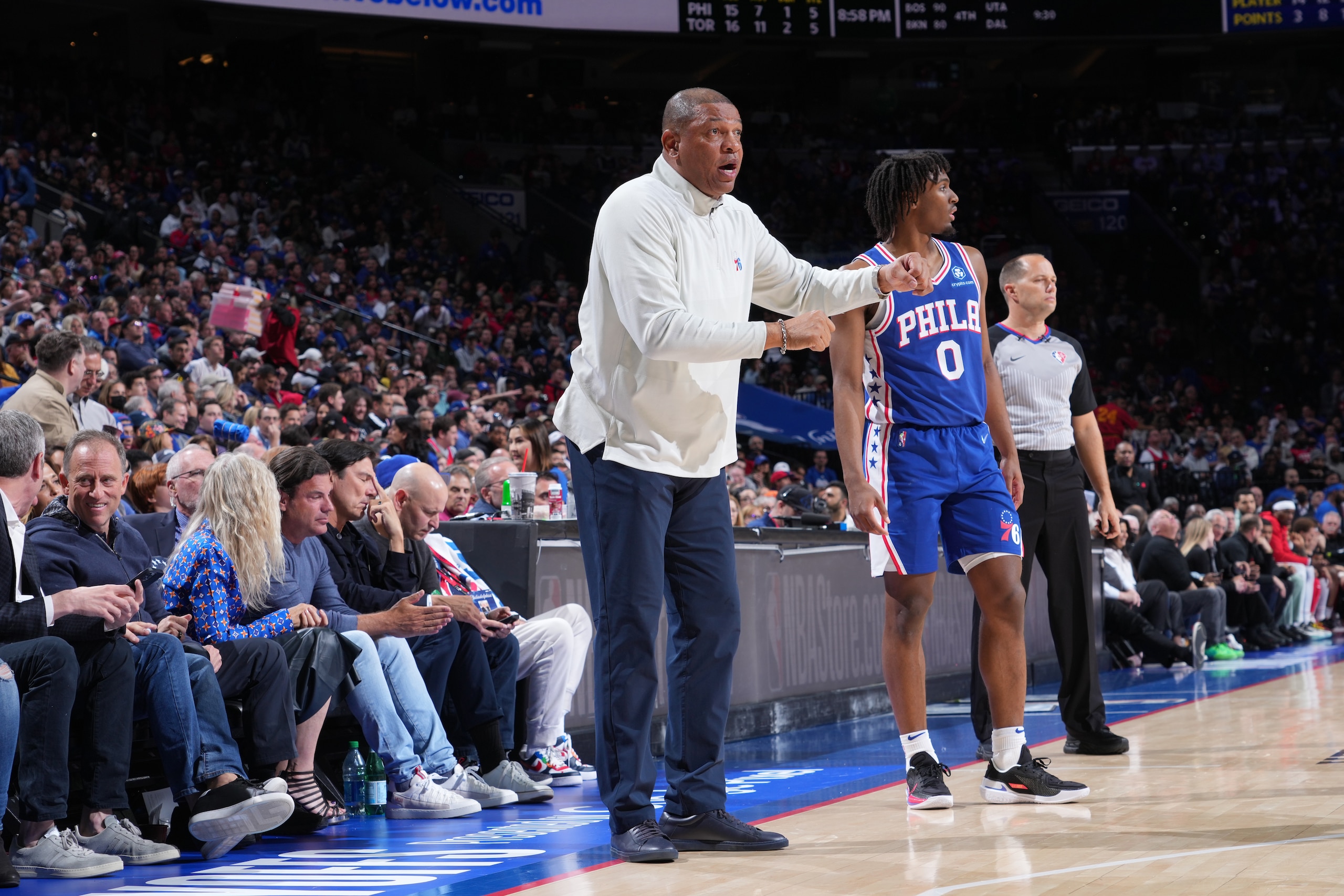 PHILADELPHIA, PA - APRIL 25: Head Coach Doc Rivers of the Philadelphia 76ers looks on during Round 1 Game 5 of the 2022 NBA Playoffs on April 25, 2022 at Wells Fargo Center in Philadelphia, Pennsylvania. NOTE TO USER: User expressly acknowledges and agrees that, by downloading and/or using this Photograph, user is consenting to the terms and conditions of the Getty Images License Agreement. Mandatory Copyright Notice: Copyright 2022 NBAE (Photo by Jesse D. Garrabrant/NBAE via Getty Images)