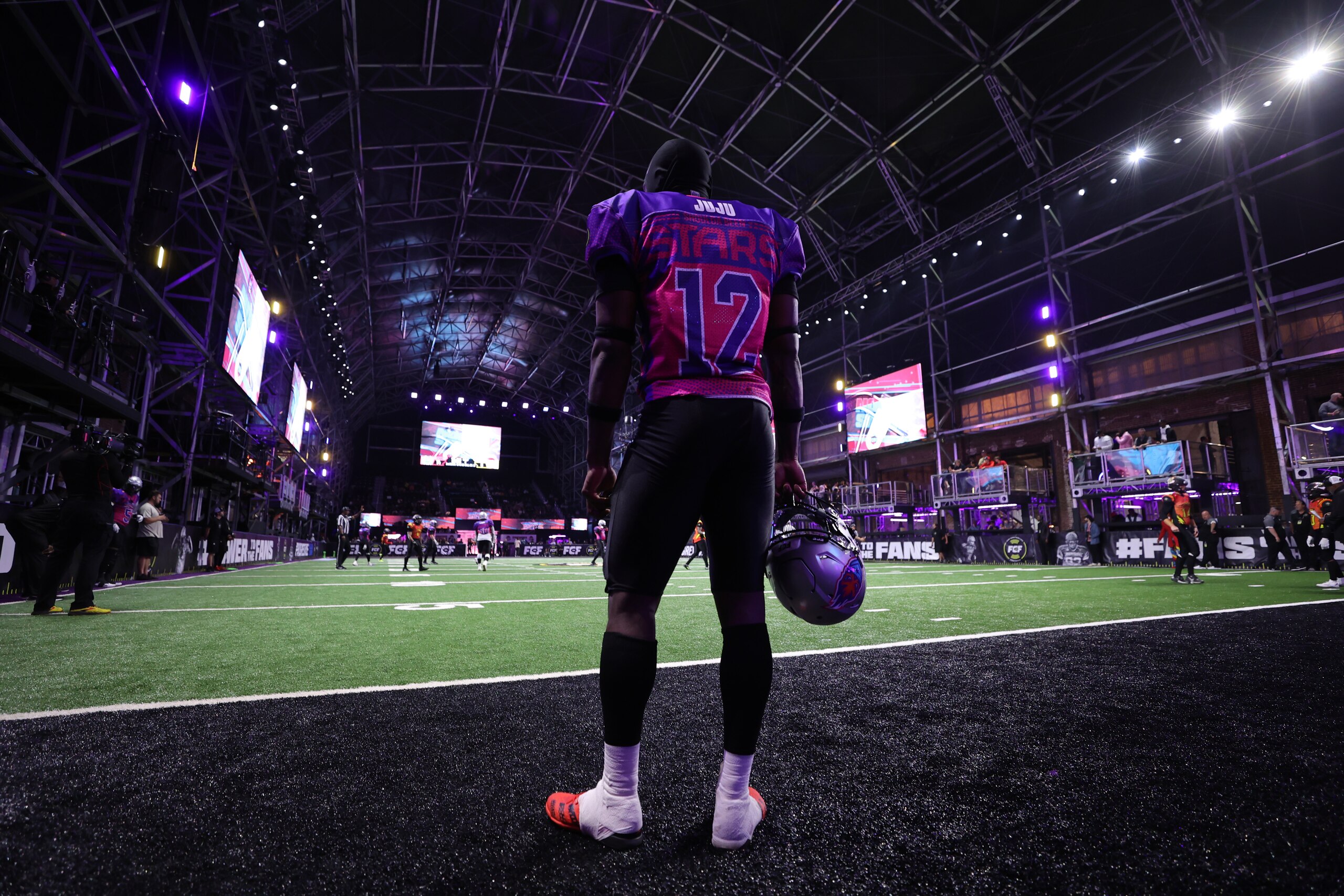ATLANTA, GEORGIA - APRIL 16: Julian Charles #12 of the Shoulda Been Stars looks on in the second half of the Fan Controlled Football League game against the Zappers on April 16, 2022 in Atlanta, Georgia. (Photo by Casey Sykes/Fan Controlled Football/Getty Images)