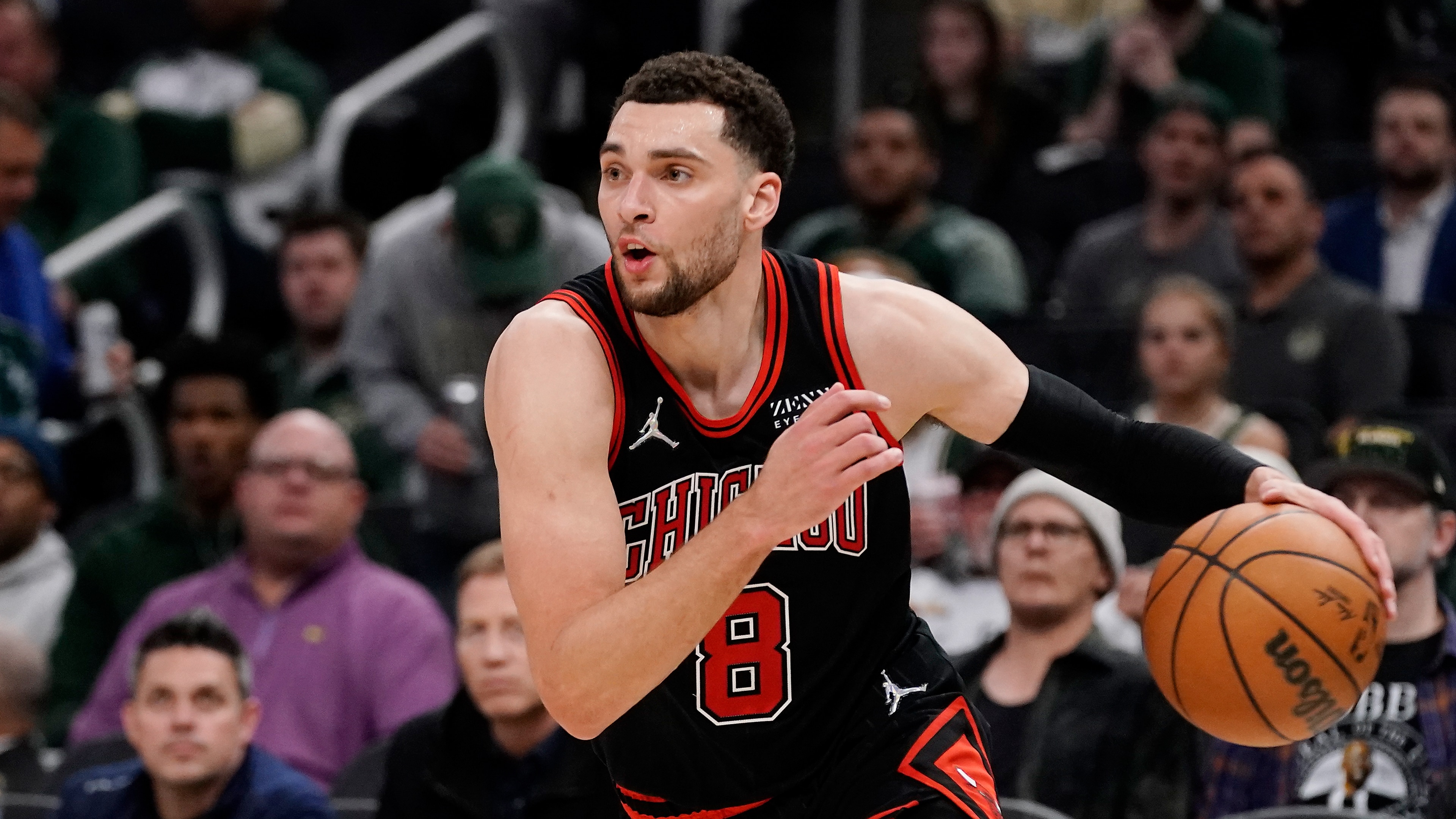 Chicago Bulls' Zach LaVine during the second half of Game 2 of their first round NBA playoff basketball game Wednesday, April 20, 2022, in Milwaukee. The Bulls won 114-110 to tie the series at 1-1. (AP Photo/Morry Gash)