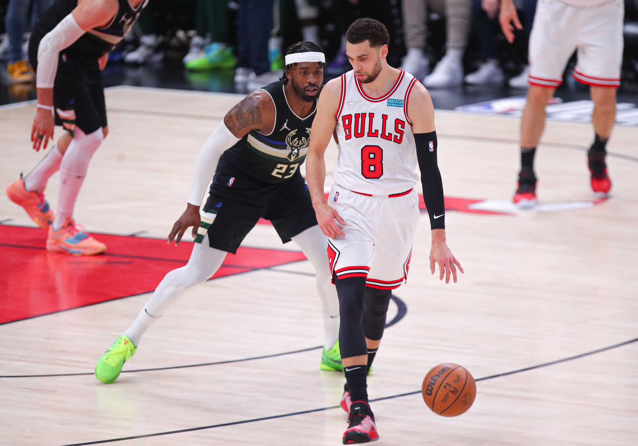 CHICAGO, IL - APRIL 24: Milwaukee Bucks guard Wesley Matthews (23) and Chicago Bulls guard Zach LaVine (8) in action during Game Four of the Eastern Conference First Round Playoffs between the Milwaukee  Bucks and the Chicago Bulls on April 24, 2022 at the United Center in Chicago, IL. (Photo by Melissa Tamez/Icon Sportswire via Getty Images)
