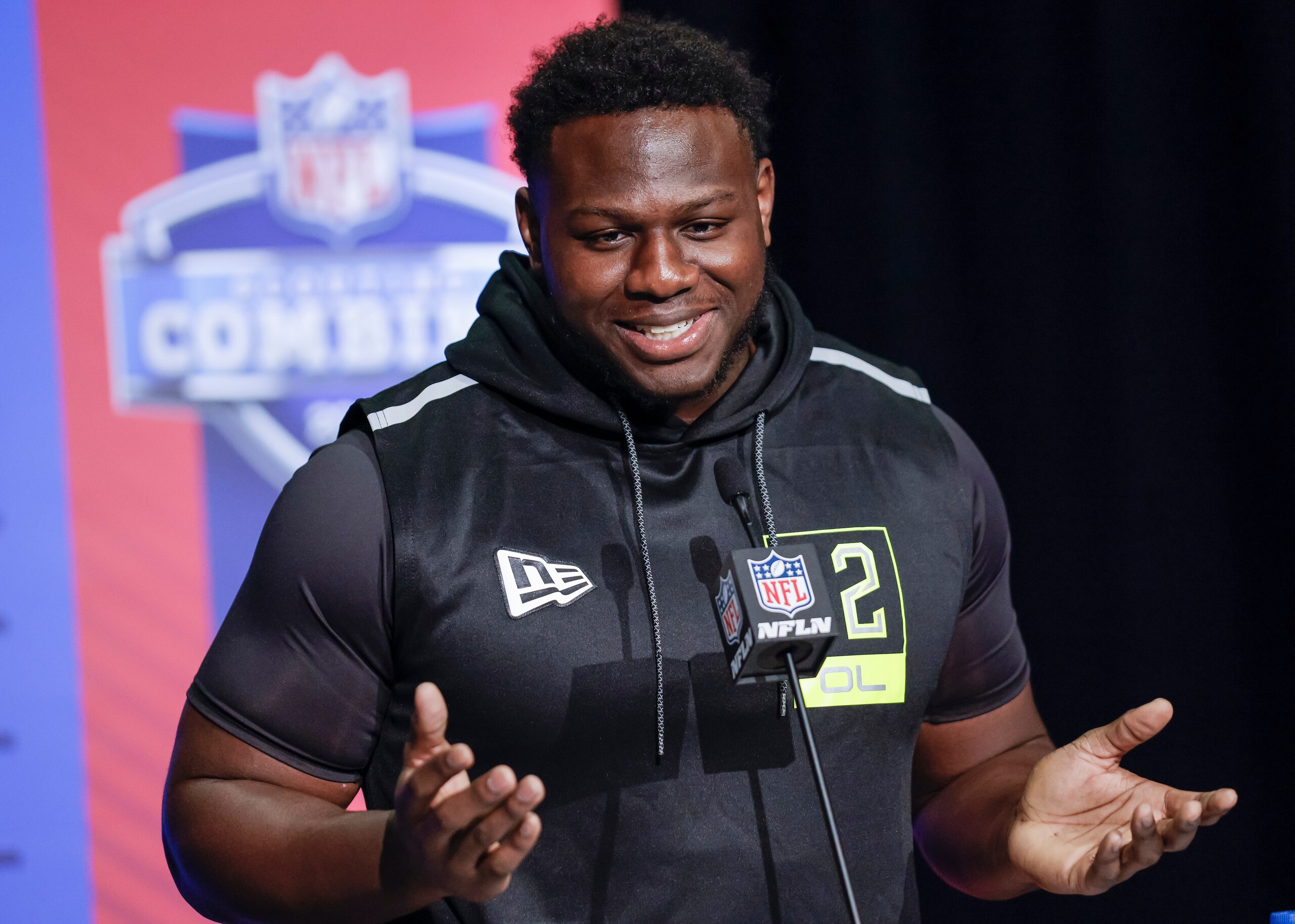 INDIANAPOLIS, IN - MAR 03: Ickey Ekwonu #OL12 of the North Carolina State Wolfpack speaks to reporters during the NFL Draft Combine at the Indiana Convention Center on March 3, 2022 in Indianapolis, Indiana. (Photo by Michael Hickey/Getty Images)