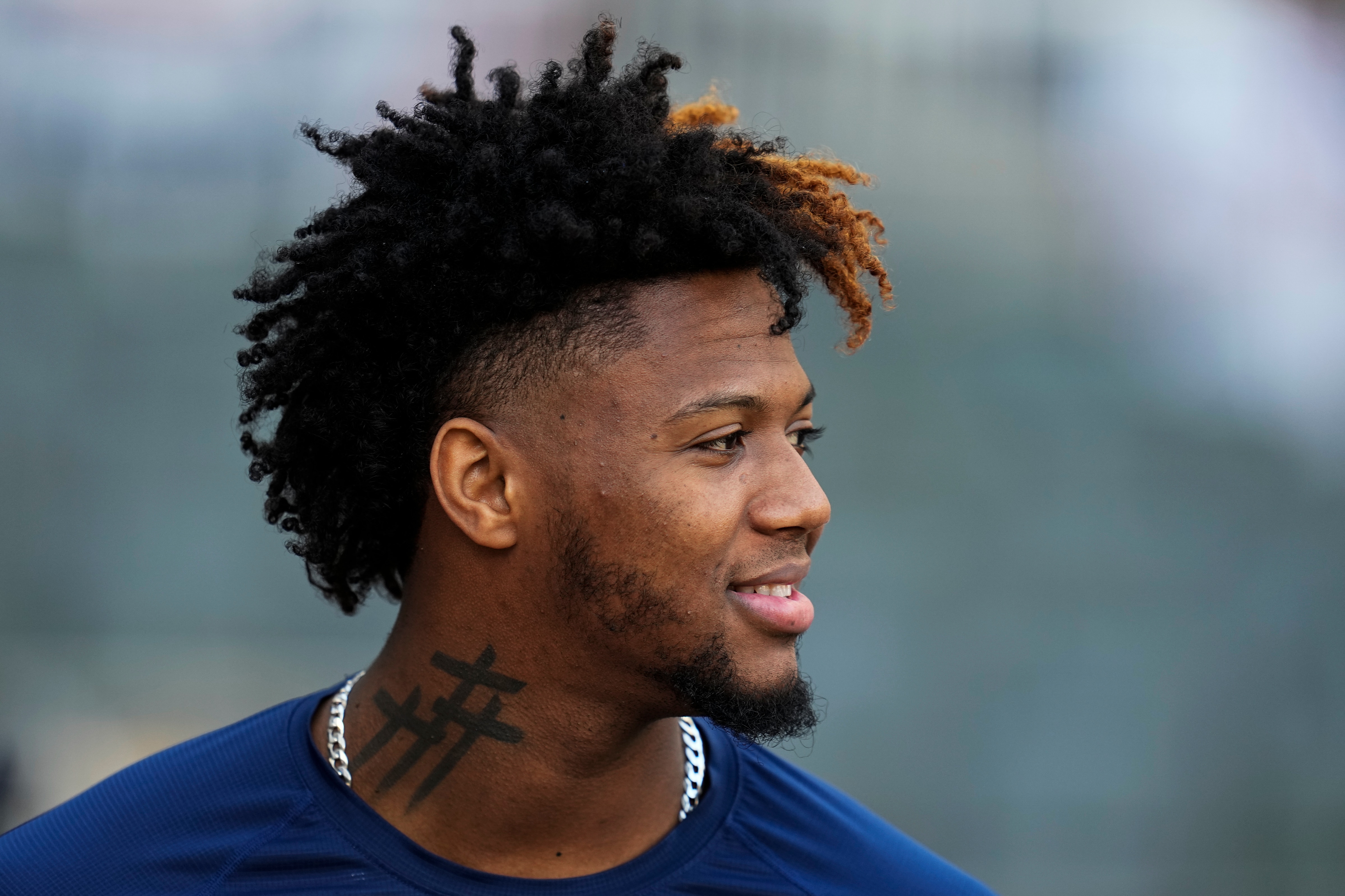 Atlanta Braves Ronald Acuna Jr. waits for batting practice before Game 2 of baseball's National League Championship Series Sunday, Oct. 17, 2021, in Atlanta. (AP Photo/Ashley Landis)