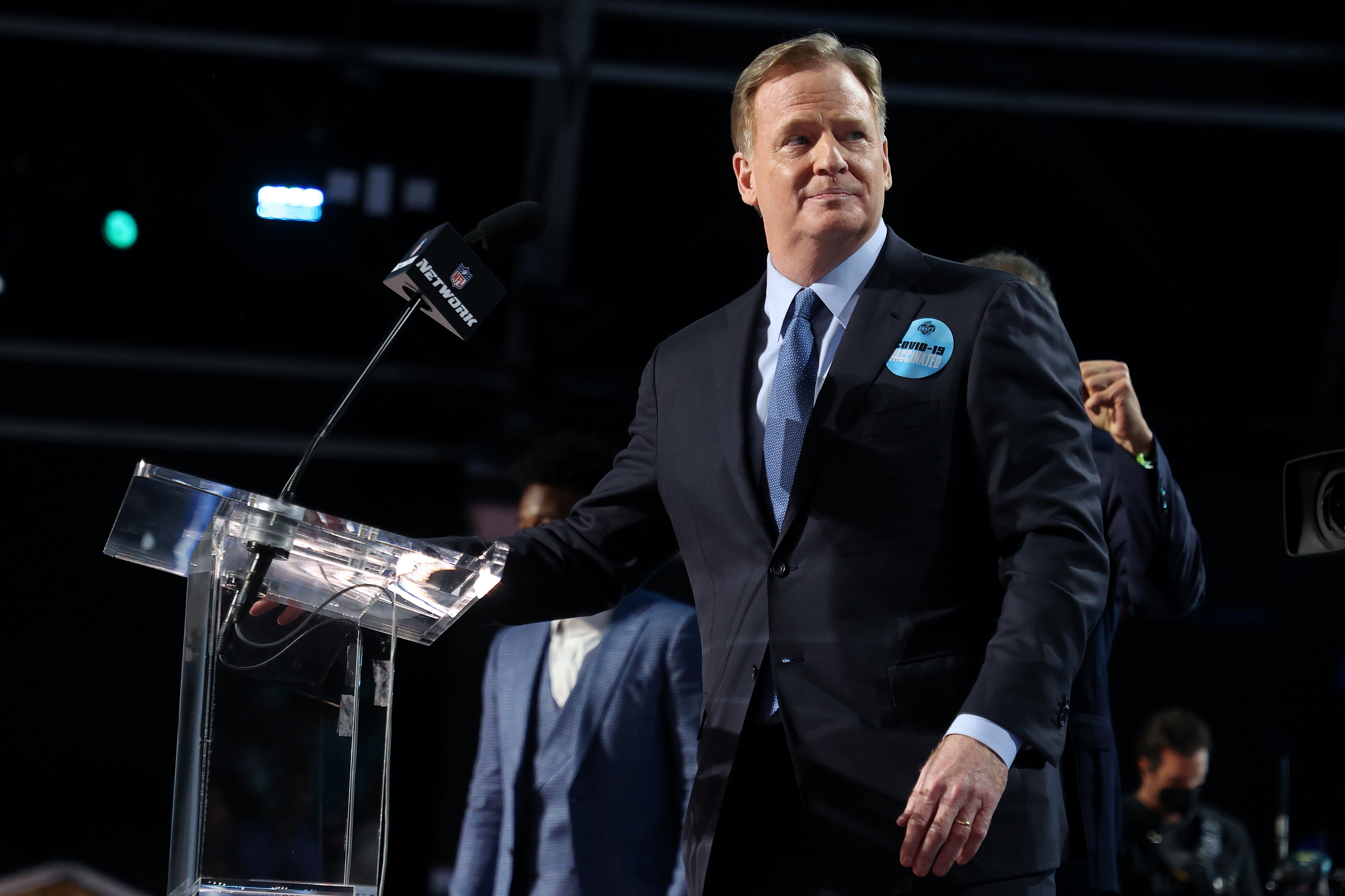 CLEVELAND, OHIO - APRIL 29: NFL Commissioner Roger Goodell is seen onstage prior to round one of the 2021 NFL Draft at the Great Lakes Science Center on April 29, 2021 in Cleveland, Ohio. (Photo by Gregory Shamus/Getty Images)