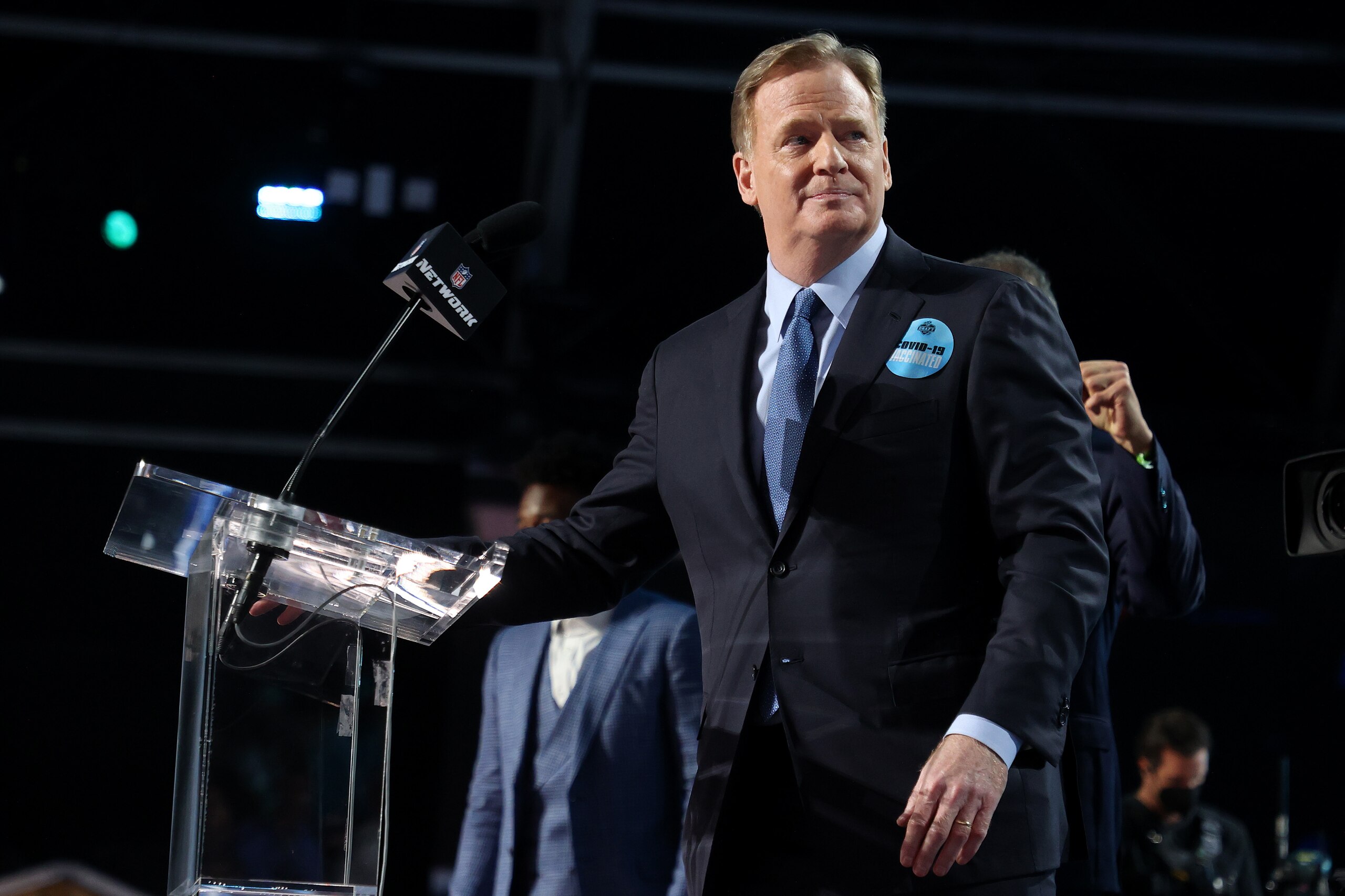 CLEVELAND, OHIO - APRIL 29: NFL Commissioner Roger Goodell is seen onstage prior to round one of the 2021 NFL Draft at the Great Lakes Science Center on April 29, 2021 in Cleveland, Ohio. (Photo by Gregory Shamus/Getty Images)