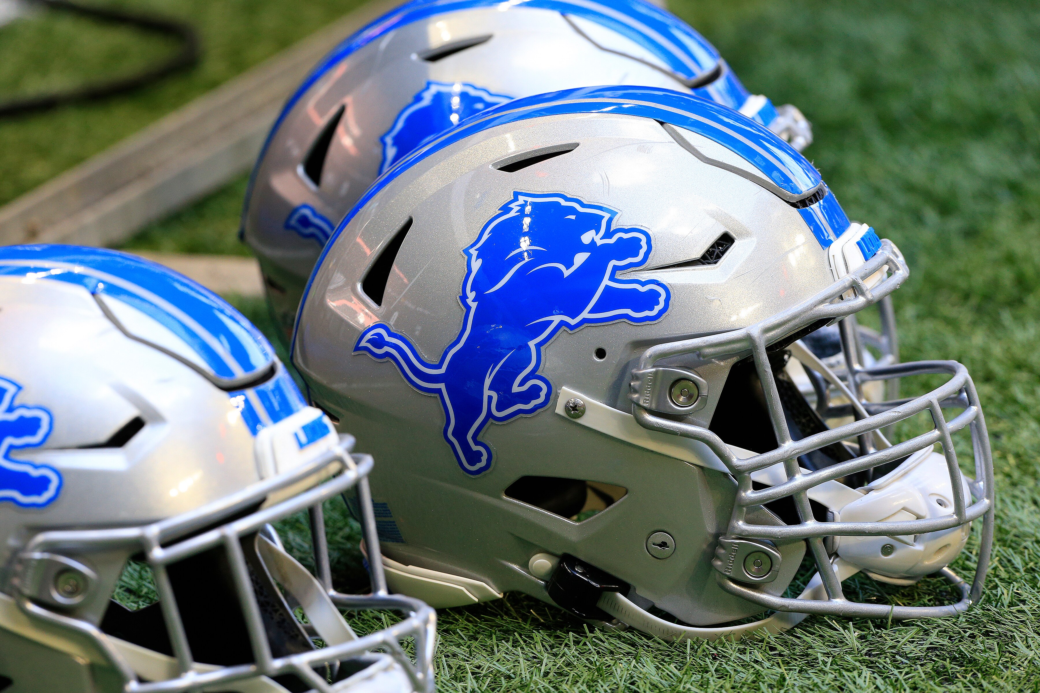 ATLANTA, GA - DECEMBER 26: Detroit Lions helmets in  the bench area prior to the week 16  NFL game between the Detroit Lions and the Atlanta Falcons on December 26, 2021 at Mercedes-Benz Stadium in Atlanta, Georgia.   (Photo by David J. Griffin/Icon Sportswire via Getty Images)