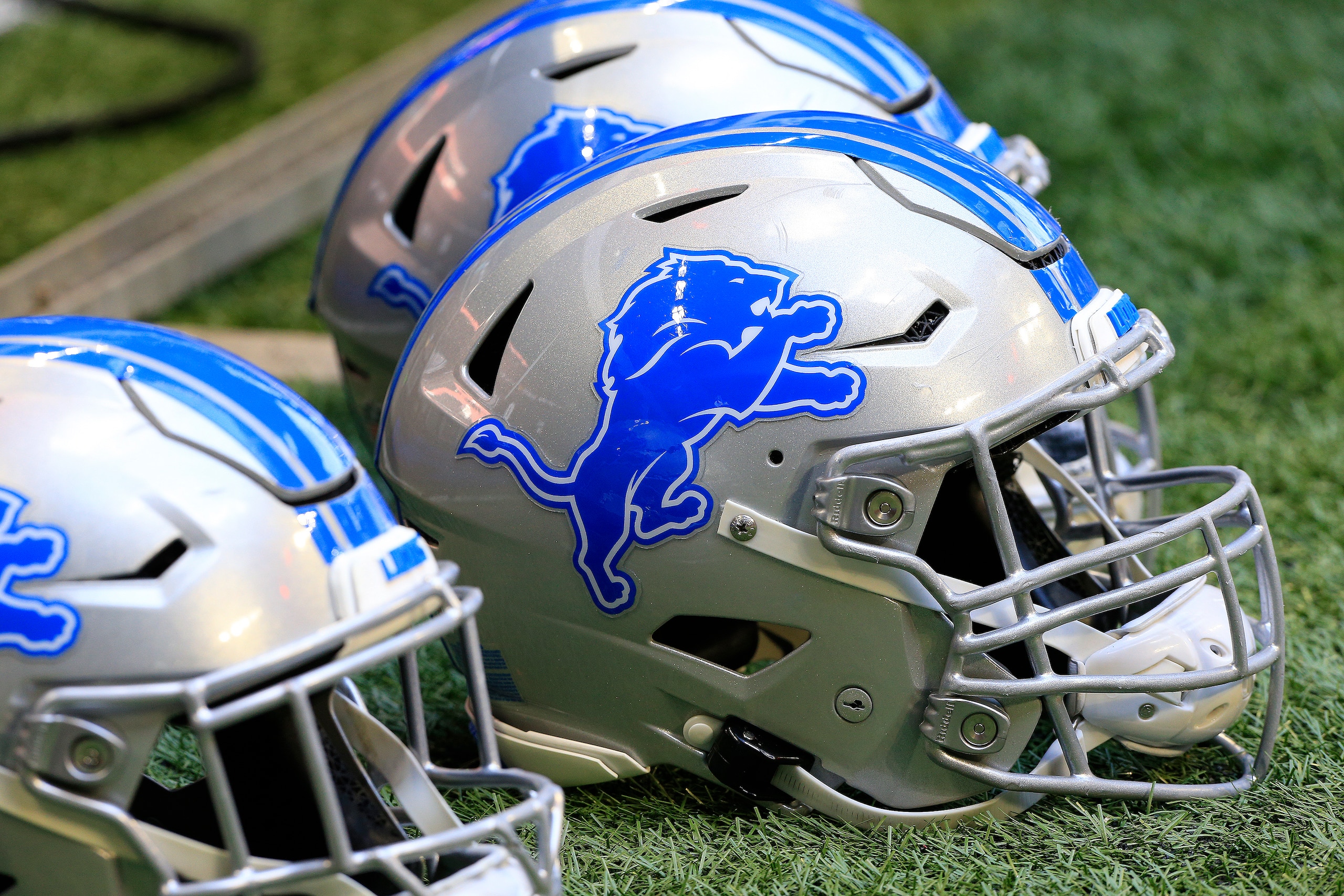 ATLANTA, GA - DECEMBER 26: Detroit Lions helmets in  the bench area prior to the week 16  NFL game between the Detroit Lions and the Atlanta Falcons on December 26, 2021 at Mercedes-Benz Stadium in Atlanta, Georgia.   (Photo by David J. Griffin/Icon Sportswire via Getty Images)