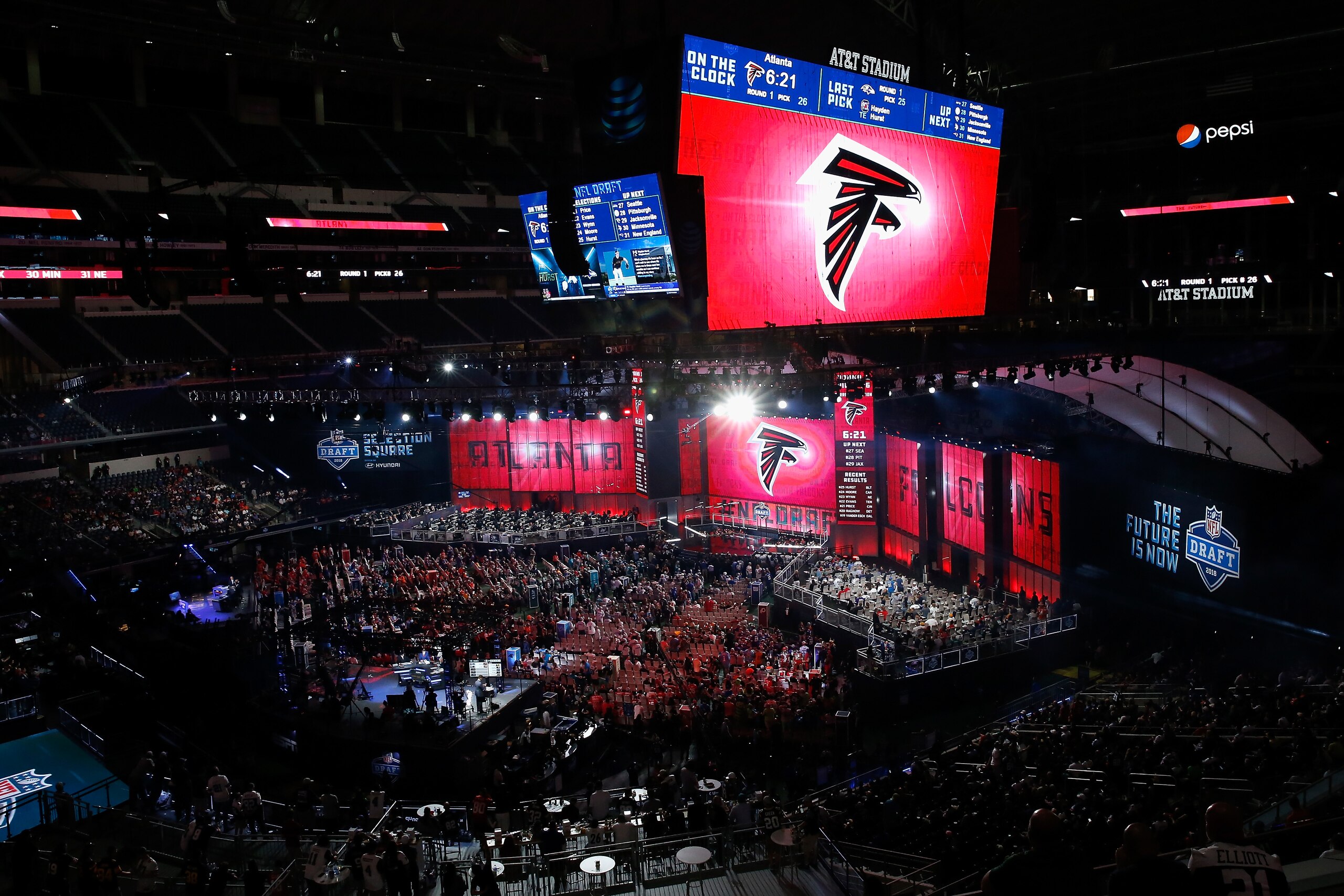 ARLINGTON, TX - APRIL 26: The Atlanta Falcons logo is seen on a video board during the first round of the 2018 NFL Draft at AT&T Stadium on April 26, 2018 in Arlington, Texas. (Photo by Tim Warner/Getty Images) ARLINGTON, TX - APRIL 26: The Atlanta Falcons logo is seen on a video board during the first round of the 2018 NFL Draft at AT&T Stadium on April 26, 2018 in Arlington, Texas. (Photo by Tim Warner/Getty Images)