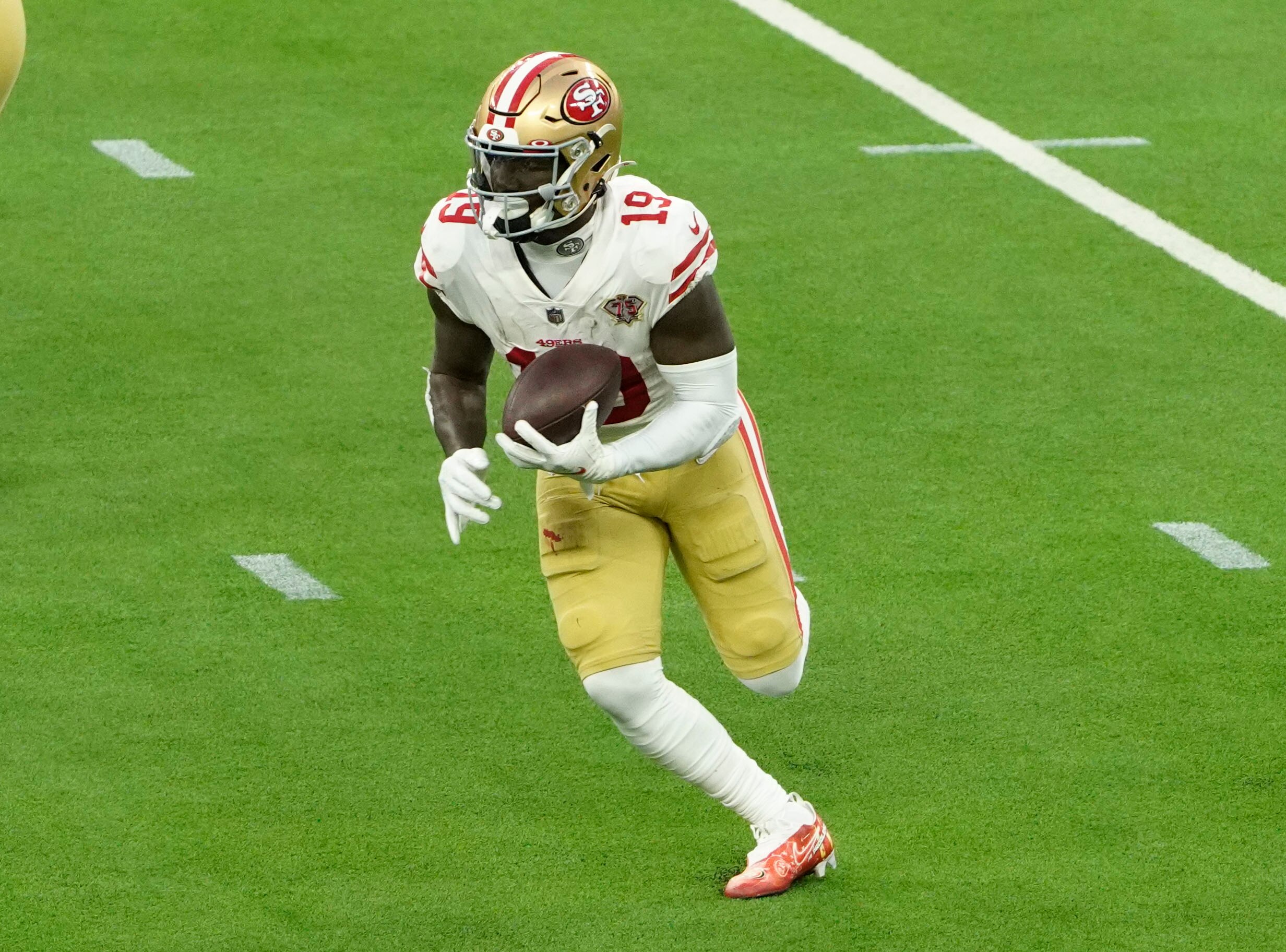 INGLEWOOD, CA - JANUARY 30:  Deebo Samuel #19 of the 49ers during the NFC Conference Championship game between the San Francisco 49ers and the Los Angeles Rams on January 30, 2022, at SoFi Stadium in Inglewood, CA. (Photo by Icon Sportswire)