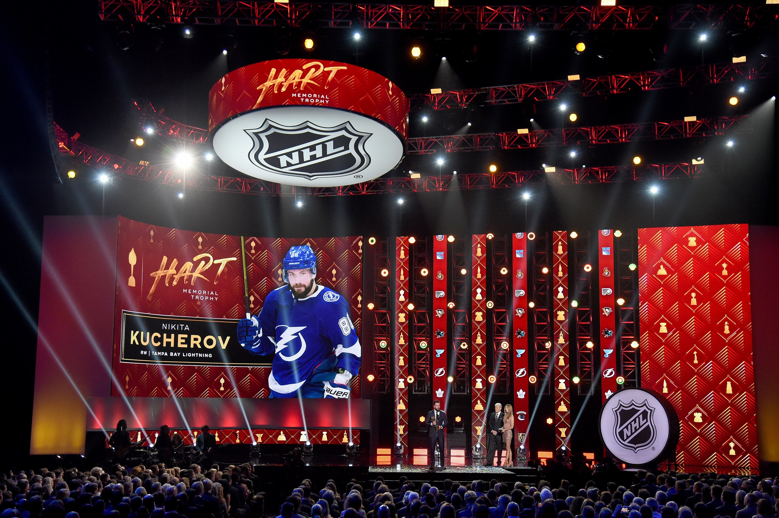 LAS VEGAS, NEVADA - JUNE 19:  Nikita Kucherov of the Tampa Bay Lightning accepts the Hart Memorial Trophy, awarded to the player adjudged to be the most valuable to his team, during the 2019 NHL Awards at the Mandalay Bay Events Center on June 19, 2019 in Las Vegas, Nevada.  (Photo by Ethan Miller/Getty Images)