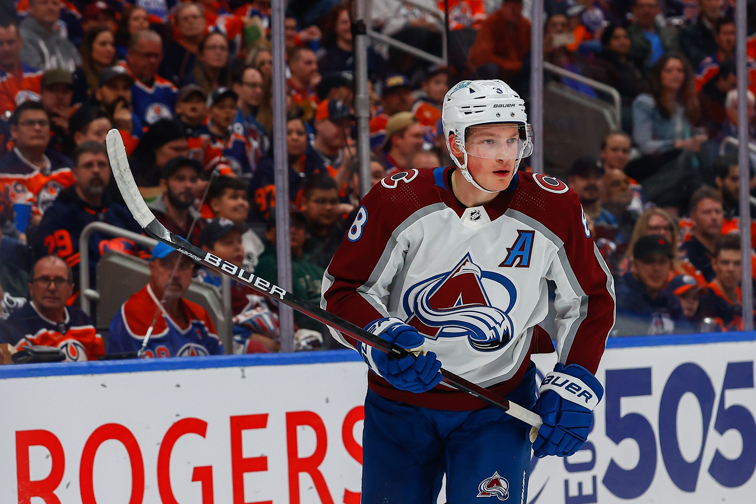 EDMONTON, AB - APRIL 22: Colorado Avalanche Defenceman Cale Makar (8) in action in the second period during the Edmonton Oilers game versus the Colorado Avalanche on April 22, 2022 at Rogers Place in Edmonton, AB. (Photo by Curtis Comeau/Icon Sportswire via Getty Images)