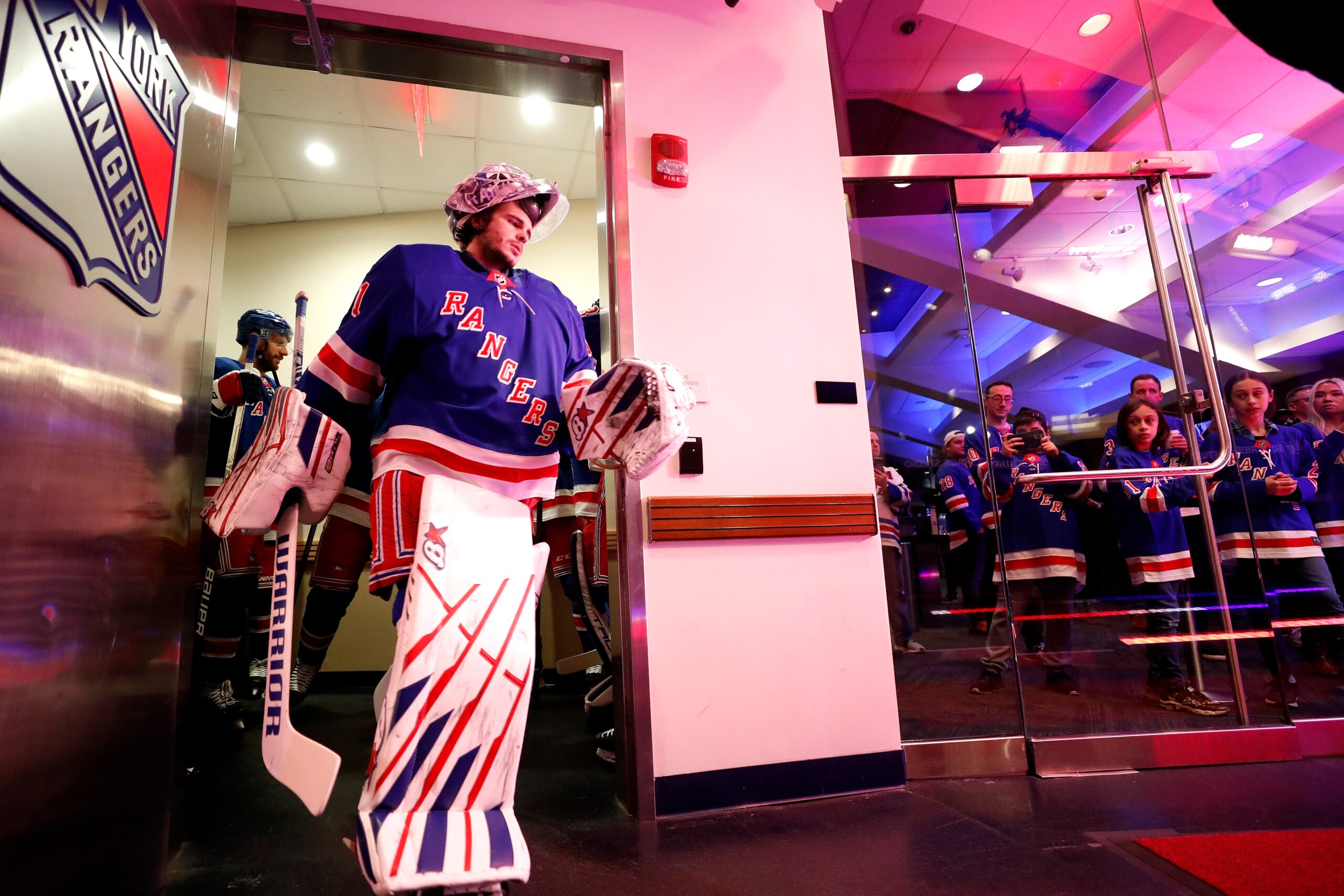 NEW YORK, NY - APRIL 19:  Igor Shesterkin #31 of the New York Rangers makes the walk to the ice against the Winnipeg Jets at Madison Square Garden on April 19, 2022 in New York City. (Photo by Jared Silber/NHLI via Getty Images)