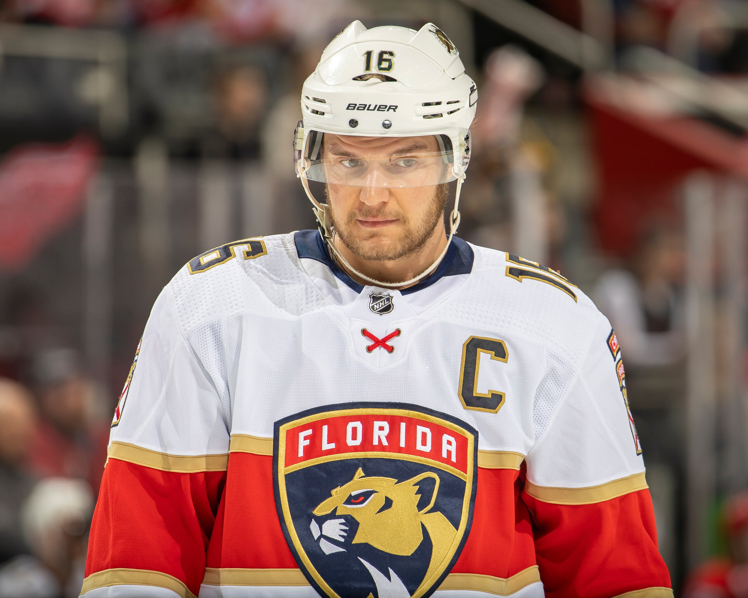 DETROIT, MI - APRIL 17: Aleksander Barkov #16 of the Florida Panthers gets set for the face-off against the Detroit Red Wings during the first period of an NHL game at Little Caesars Arena on April 17, 2022 in Detroit, Michigan. Florida defeated Detroit 6-1. (Photo by Dave Reginek/NHLI via Getty Images)