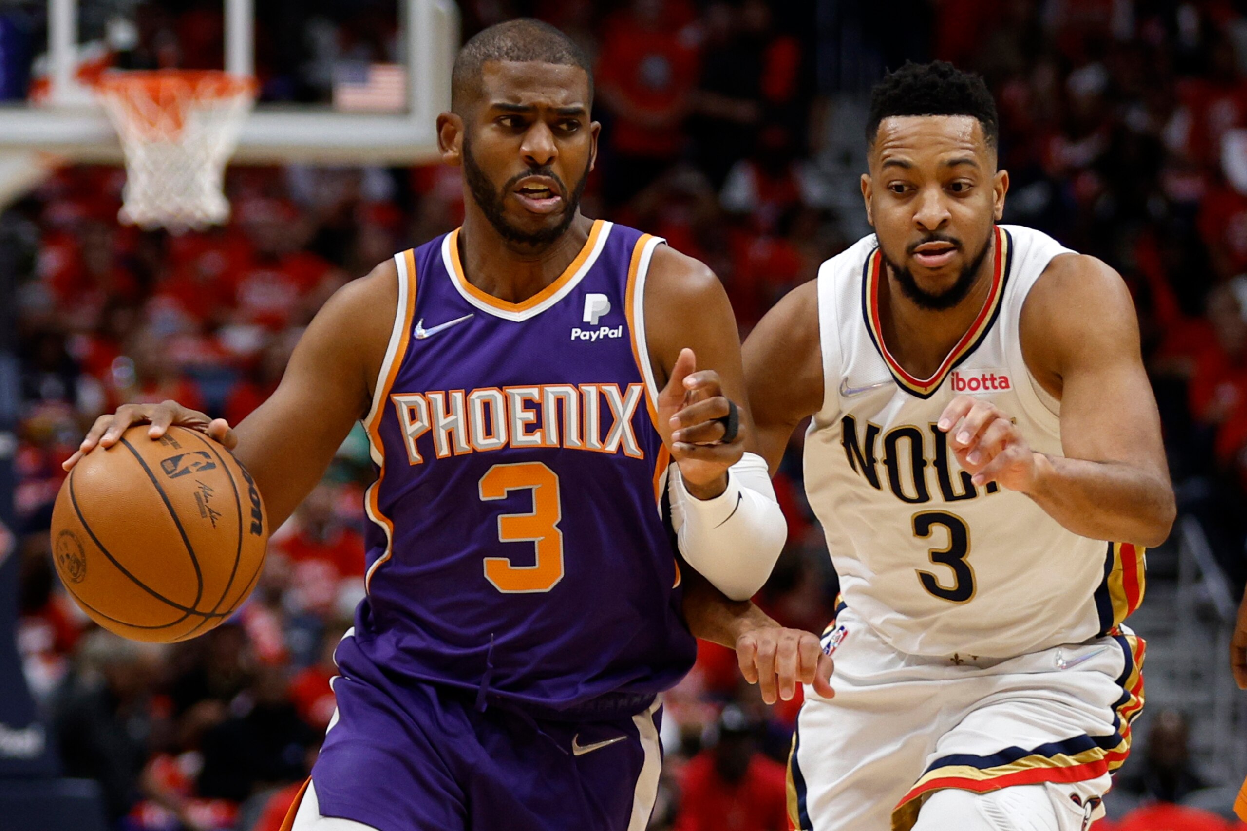 NEW ORLEANS, LOUISIANA - APRIL 28: Chris Paul #3 of the Phoenix Suns drives the ball up the court against the New Orleans Pelicans at Smoothie King Center on April 28, 2022 in New Orleans, Louisiana. NOTE TO USER: User expressly acknowledges and agrees that, by downloading and or using this Photograph, user is consenting to the terms and conditions of the Getty Images License Agreement. (Photo by Chris Graythen/Getty Images) NEW ORLEANS, LOUISIANA - APRIL 28: Chris Paul #3 of the Phoenix Suns drives the ball up the court against the New Orleans Pelicans at Smoothie King Center on April 28, 2022 in New Orleans, Louisiana. NOTE TO USER: User expressly acknowledges and agrees that, by downloading and or using this Photograph, user is consenting to the terms and conditions of the Getty Images License Agreement. (Photo by Chris Graythen/Getty Images)
