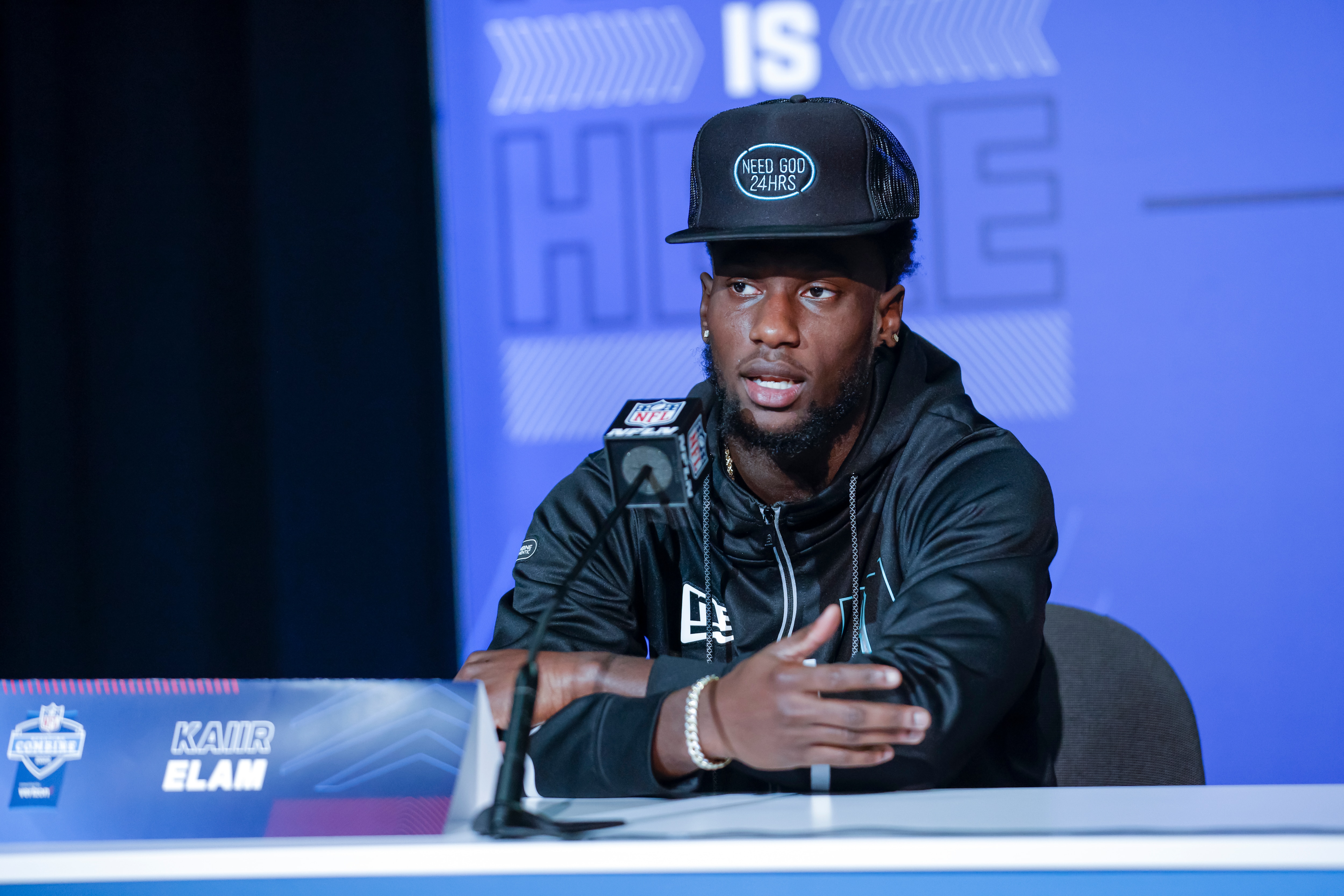 INDIANAPOLIS, IN - MAR 5: Kaiir Elam #DB09 of the Florida Gators speaks to reporters during the NFL Draft Combine at the Indiana Convention Center on March 5, 2022 in Indianapolis, Indiana. (Photo by Michael Hickey/Getty Images)