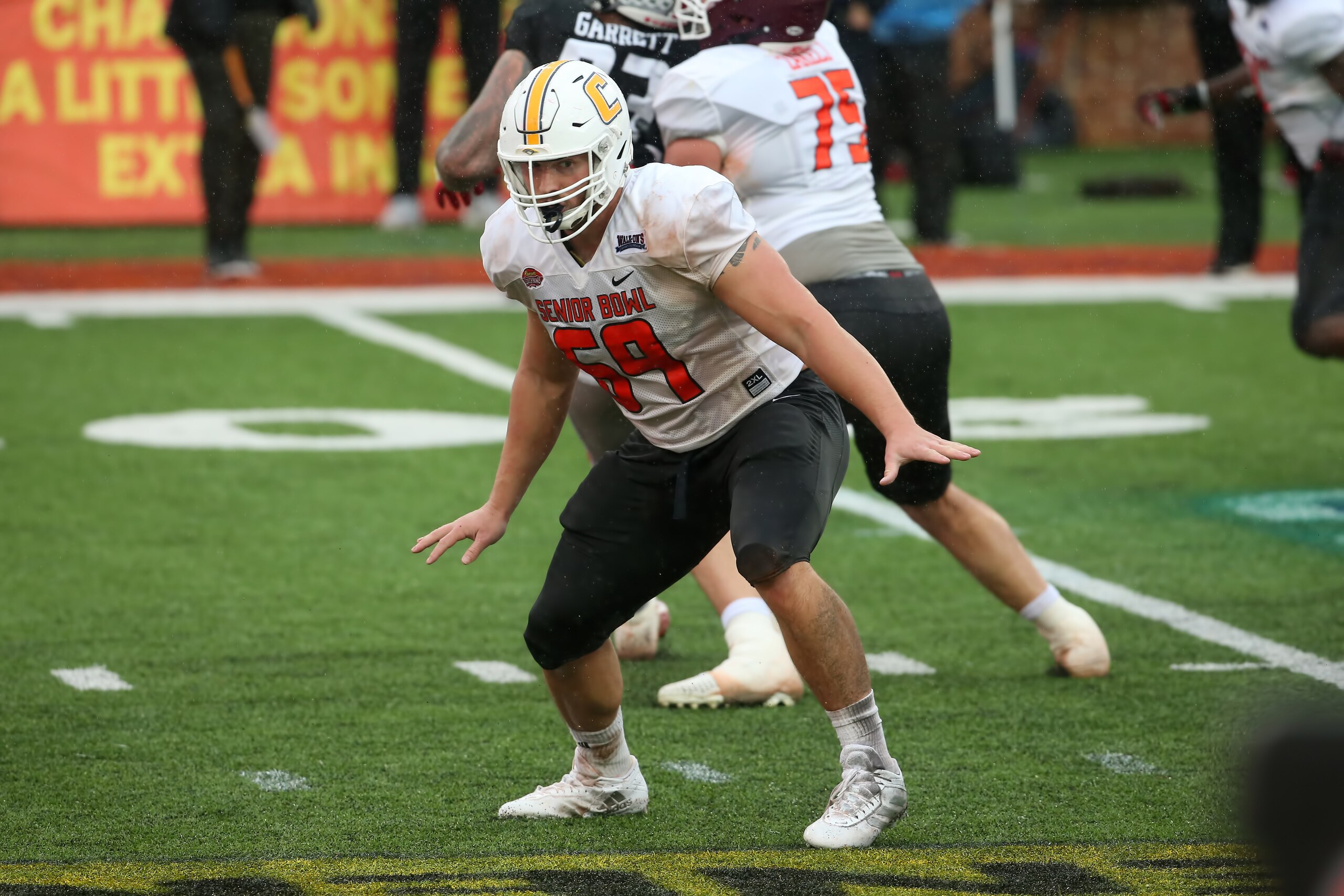MOBILE, AL - FEBRUARY 02: National offensive lineman Cole Strange of Tennessee-Chattanooga (69) during the Reese's Senior Bowl practice session on February 2, 2002 at Hancock Whitney Stadium in Mobile, Alabama.  (Photo by Michael Wade/Icon Sportswire via Getty Images)