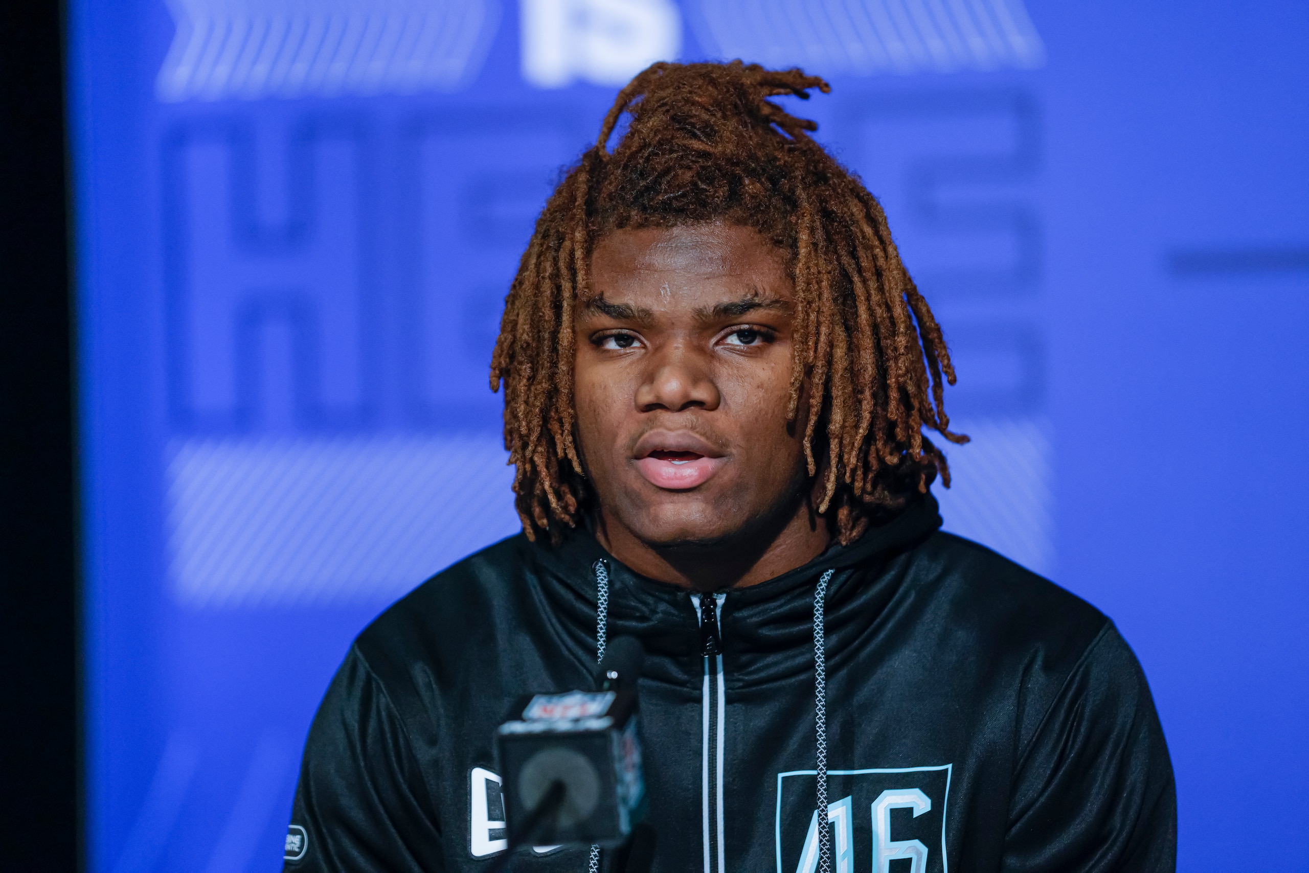 INDIANAPOLIS, IN - MAR 5: Lewis Cine #DB46 of the Georgia Bulldogs speaks to reporters during the NFL Draft Combine at the Indiana Convention Center on March 5, 2022 in Indianapolis, Indiana. (Photo by Michael Hickey/Getty Images) INDIANAPOLIS, IN - MAR 5: Lewis Cine #DB46 of the Georgia Bulldogs speaks to reporters during the NFL Draft Combine at the Indiana Convention Center on March 5, 2022 in Indianapolis, Indiana. (Photo by Michael Hickey/Getty Images)