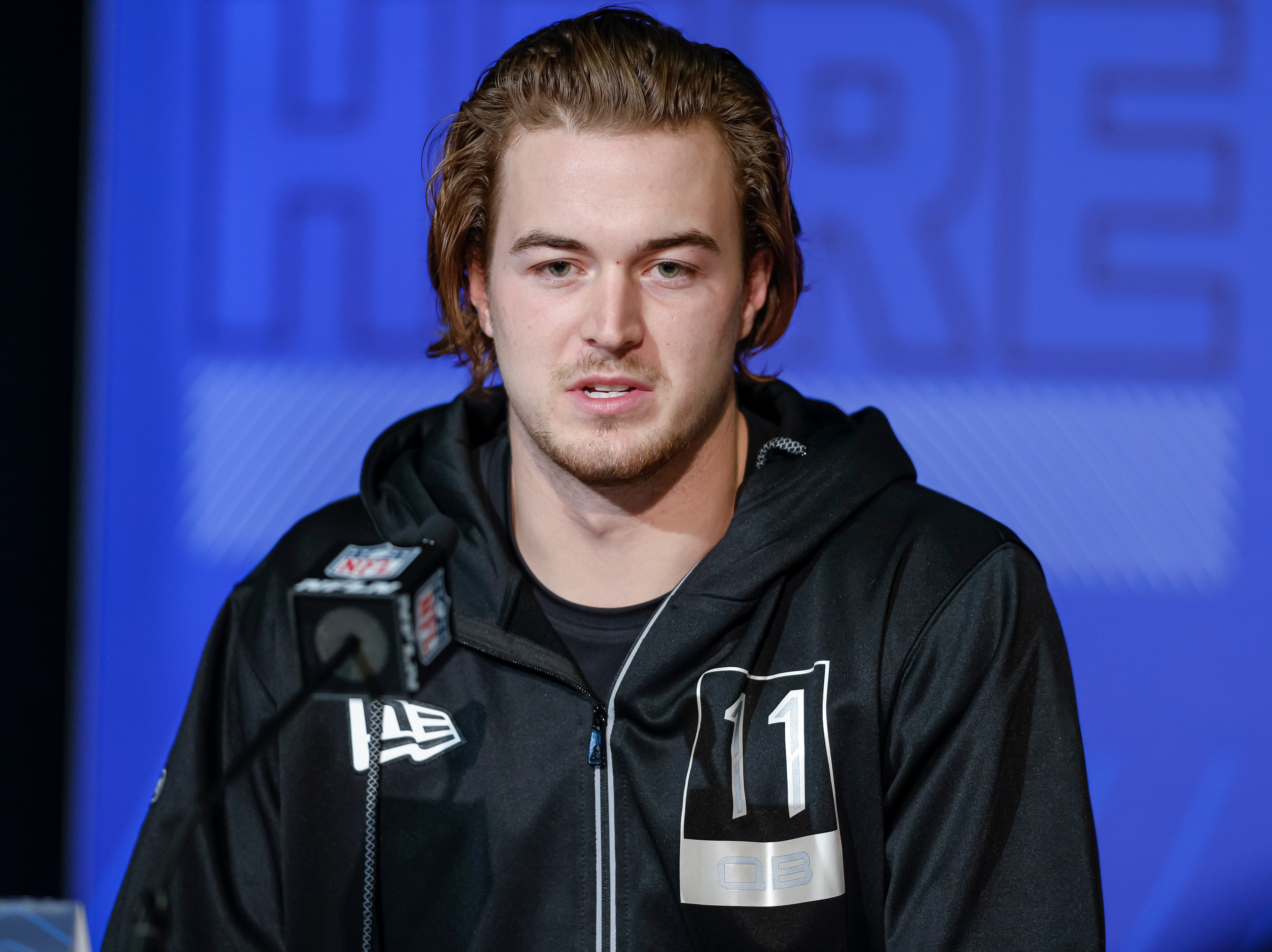 INDIANAPOLIS, IN - MAR 02: Kenny Pickett #QB11 of the Pittsburgh Panthers speaks to reporters during the NFL Draft Combine at the Indiana Convention Center on March 2, 2022 in Indianapolis, Indiana. (Photo by Michael Hickey/Getty Images)