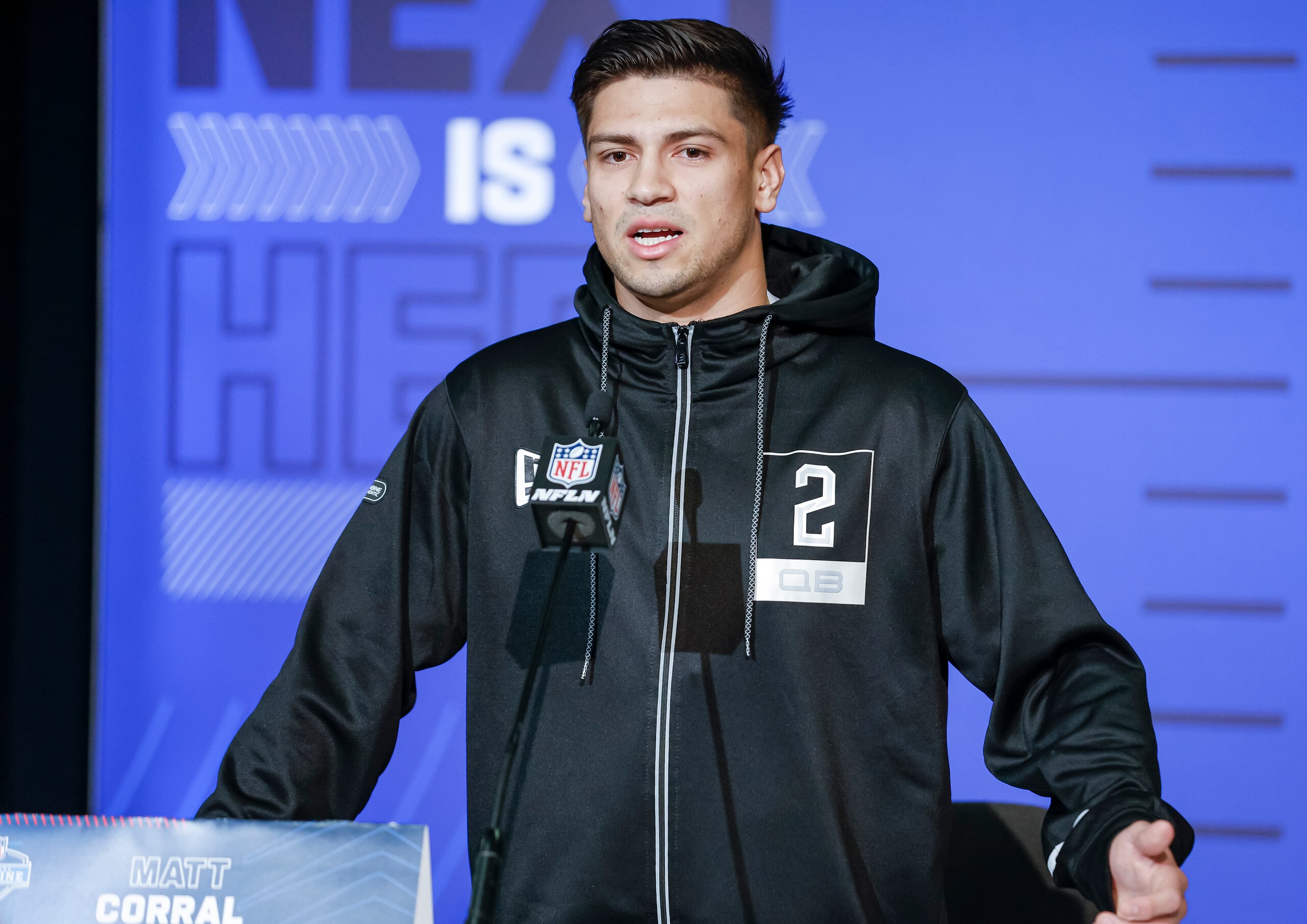 INDIANAPOLIS, IN - MAR 02: Matt Corral #QB02 of the Mississippi Rebels speaks to reporters during the NFL Draft Combine at the Indiana Convention Center on March 2, 2022 in Indianapolis, Indiana. (Photo by Michael Hickey/Getty Images)