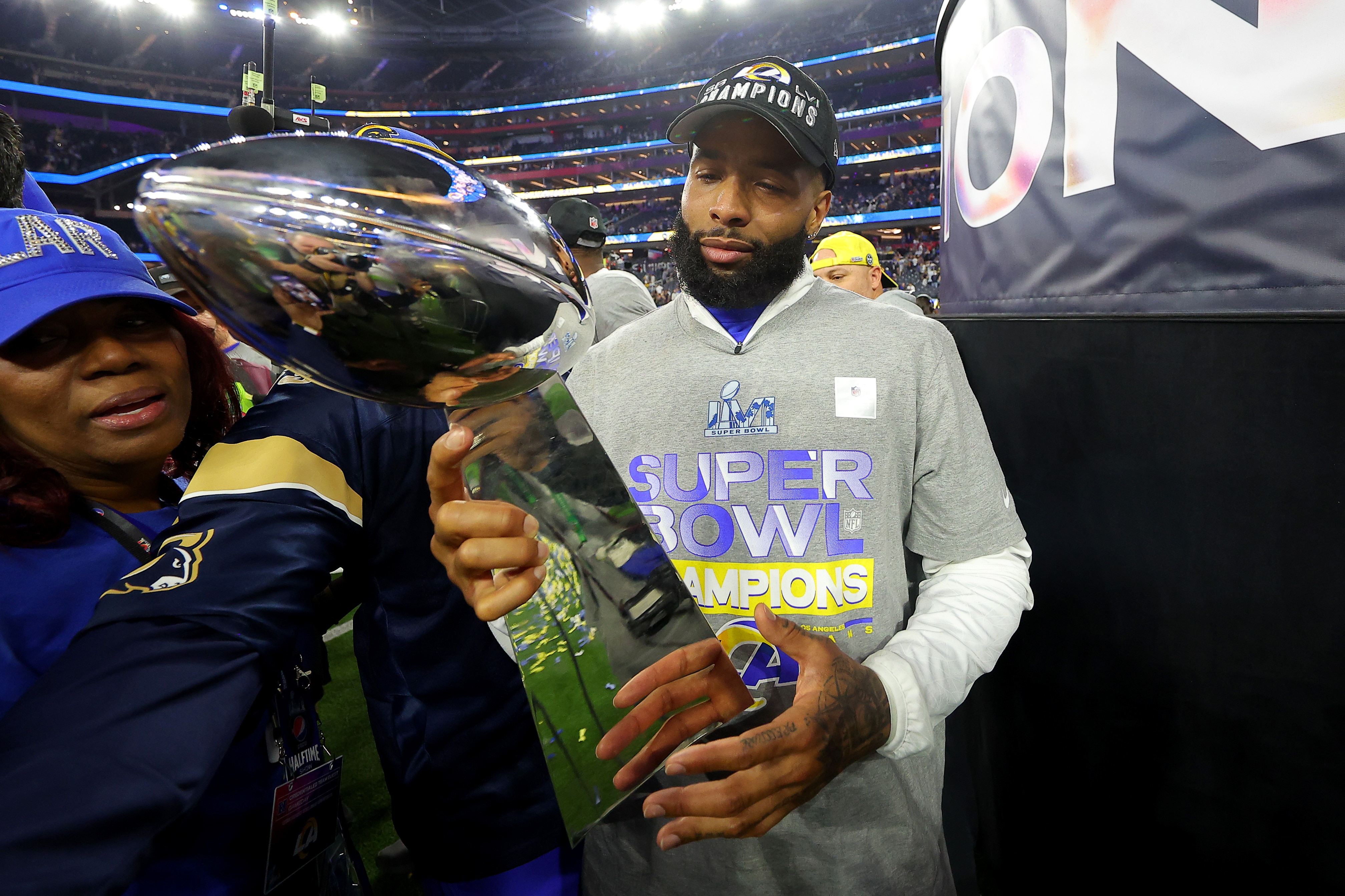 INGLEWOOD, CALIFORNIA - FEBRUARY 13: Odell Beckham Jr. #3 of the Los Angeles Rams celebrates after Super Bowl LVI at SoFi Stadium on February 13, 2022 in Inglewood, California. The Los Angeles Rams defeated the Cincinnati Bengals 23-20. (Photo by Kevin C. Cox/Getty Images) INGLEWOOD, CALIFORNIA - FEBRUARY 13: Odell Beckham Jr. #3 of the Los Angeles Rams celebrates after Super Bowl LVI at SoFi Stadium on February 13, 2022 in Inglewood, California. The Los Angeles Rams defeated the Cincinnati Bengals 23-20. (Photo by Kevin C. Cox/Getty Images)