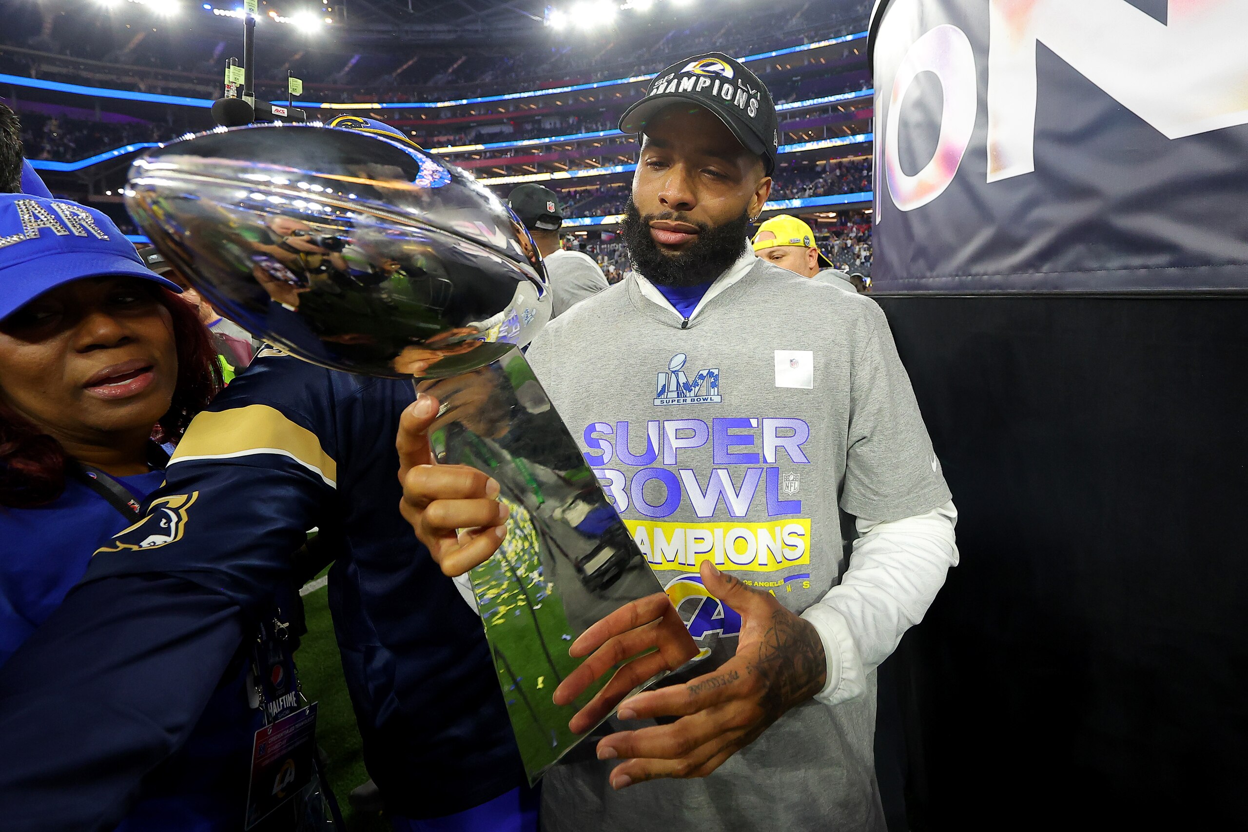 INGLEWOOD, CALIFORNIA - FEBRUARY 13: Odell Beckham Jr. #3 of the Los Angeles Rams celebrates after Super Bowl LVI at SoFi Stadium on February 13, 2022 in Inglewood, California. The Los Angeles Rams defeated the Cincinnati Bengals 23-20.  (Photo by Kevin C. Cox/Getty Images)