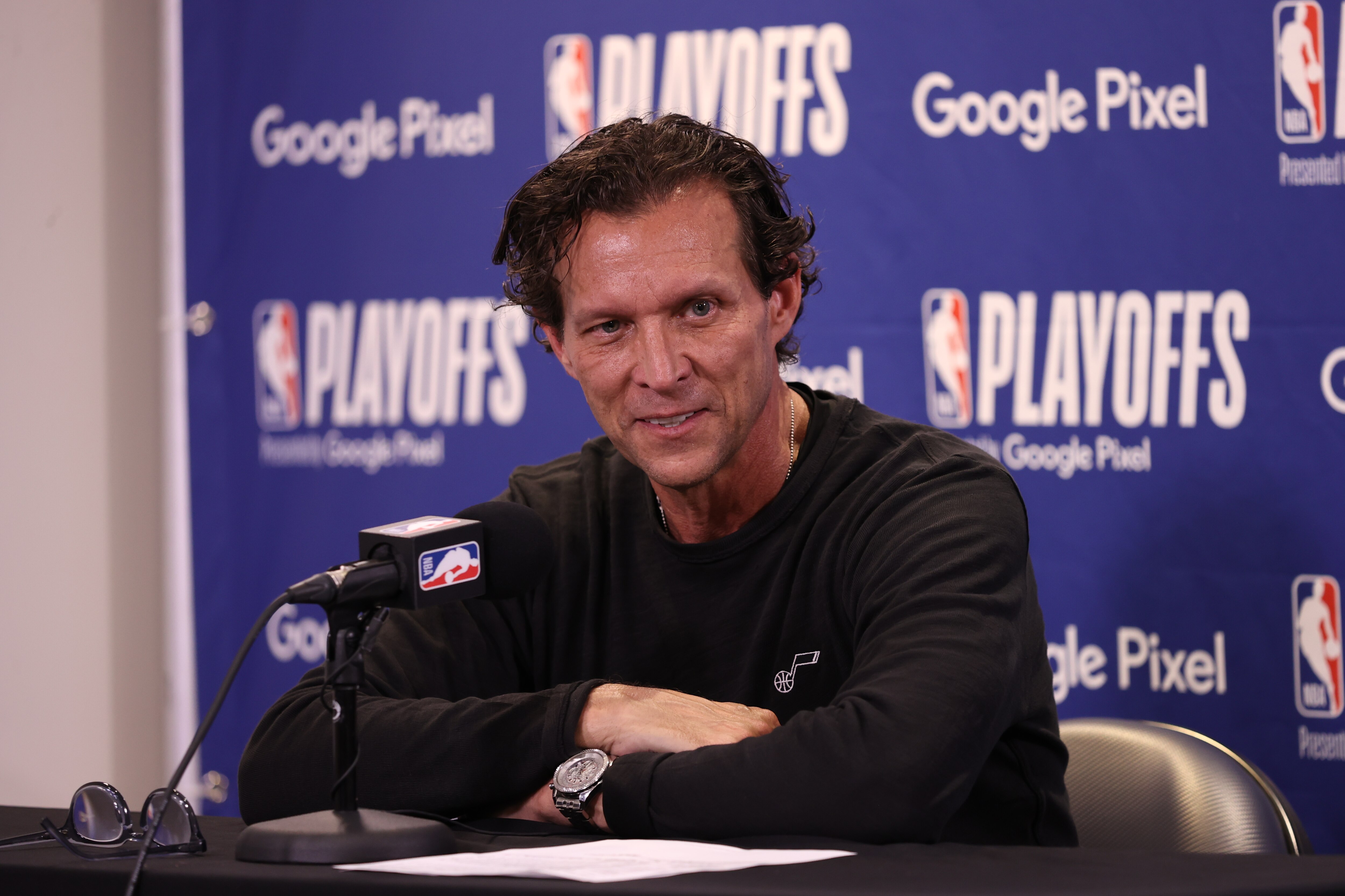 SALT LAKE CITY, UT - APRIL 23: Head Coach Quin Snyder of the Utah Jazz talks to the media after Round 1 Game 4 of the 2022 NBA Playoffs against the Dallas Mavericks on April 23, 2022 at vivint.SmartHome Arena in Salt Lake City, Utah. NOTE TO USER: User expressly acknowledges and agrees that, by downloading and or using this Photograph, User is consenting to the terms and conditions of the Getty Images License Agreement. Mandatory Copyright Notice: Copyright 2022 NBAE (Photo by Melissa Majchrzak/NBAE via Getty Images)