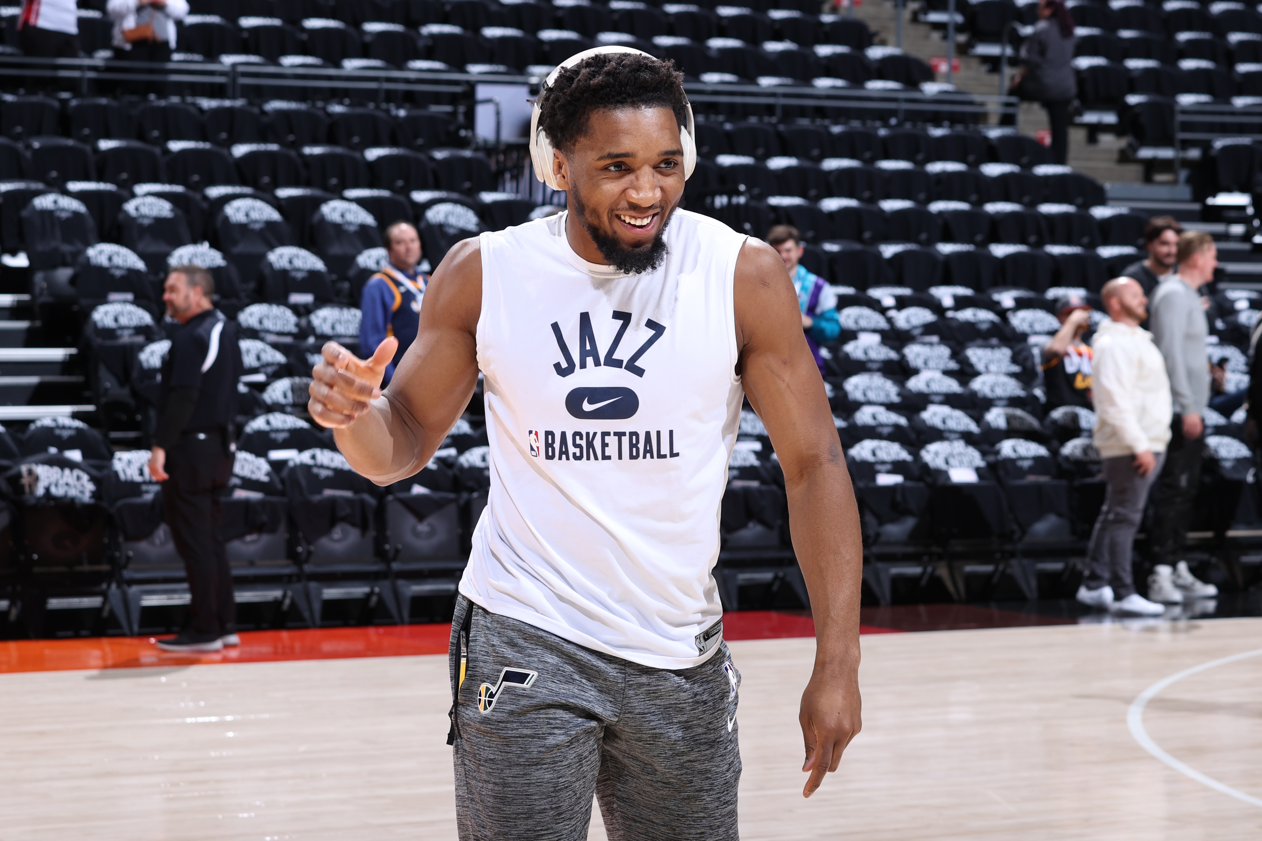 SALT LAKE CITY, UT - APRIL 28: Donovan Mitchell #45 of the Utah Jazz smiles before Round 1 Game 6 of the 2022 NBA Playoffs against the Dallas Mavericks on April 28, 2022 at vivint.SmartHome Arena in Salt Lake City, Utah. NOTE TO USER: User expressly acknowledges and agrees that, by downloading and or using this Photograph, User is consenting to the terms and conditions of the Getty Images License Agreement. Mandatory Copyright Notice: Copyright 2022 NBAE (Photo by Melissa Majchrzak/NBAE via Getty Images)