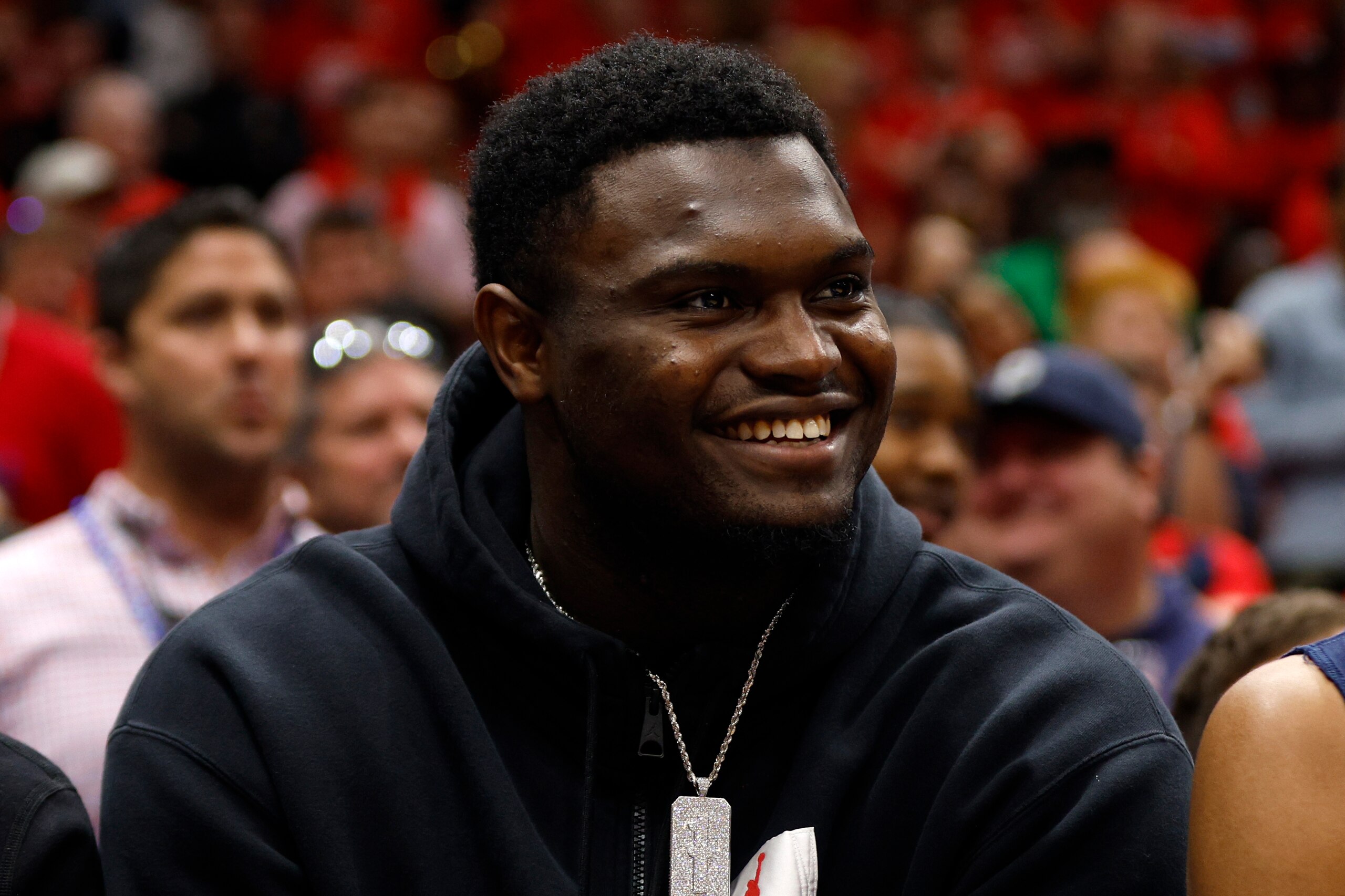 NEW ORLEANS, LOUISIANA - APRIL 28: Zion Williamson #1 of the New Orleans Pelicans looks on during the game against the Phoenix Suns at Smoothie King Center on April 28, 2022 in New Orleans, Louisiana.  NOTE TO USER: User expressly acknowledges and agrees that, by downloading and or using this Photograph, user is consenting to the terms and conditions of the Getty Images License Agreement.  (Photo by Chris Graythen/Getty Images)