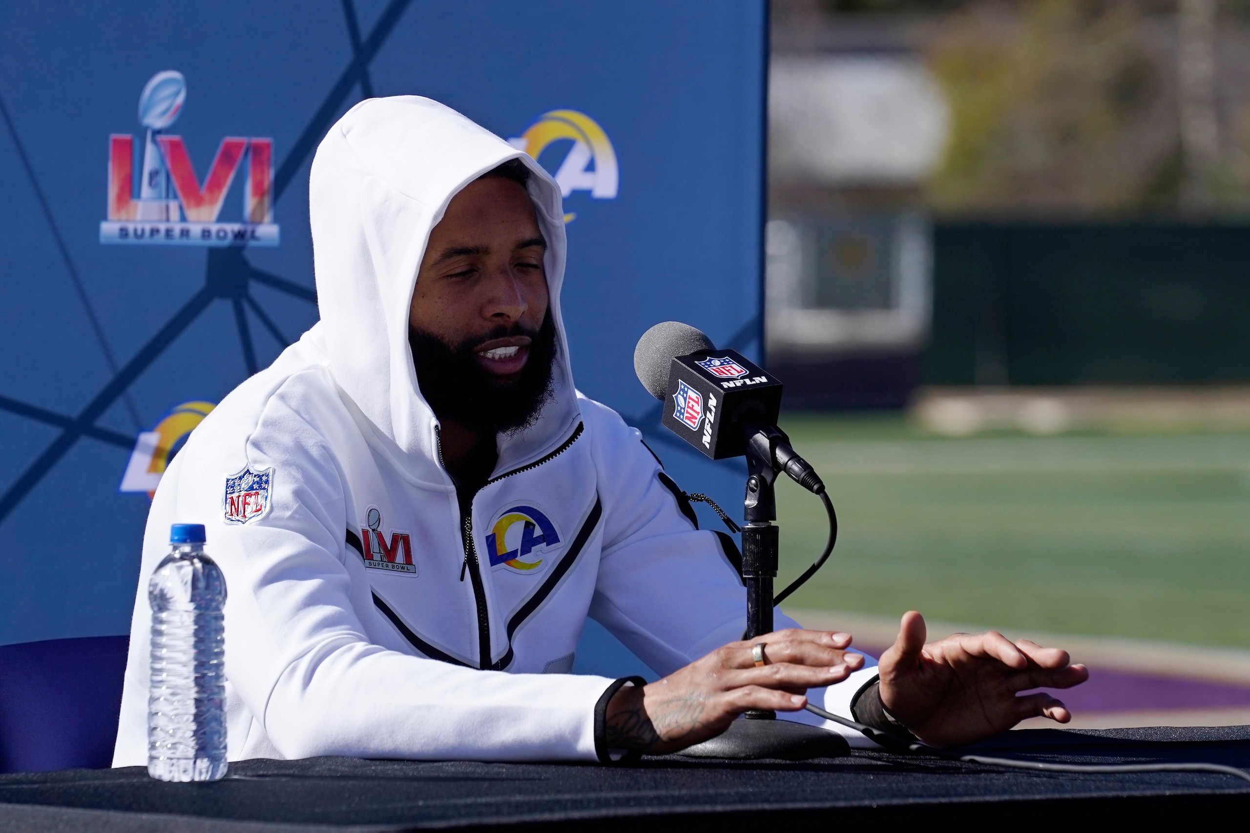 Los Angeles Rams wide receiver Odell Beckham Jr. speaks during a media availability for an NFL Super Bowl football game Friday, Feb. 11, 2022, in Thousand Oaks, Calif. The Rams are scheduled to play the Cincinnati Bengals in the Super Bowl on Sunday. (AP Photo/Mark J. Terrill)