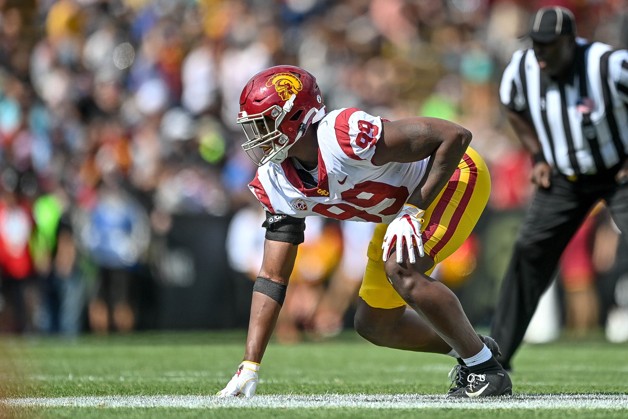 BOULDER, CO - OCTOBER 2:  Linebacker Drake Jackson #99 of the USC Trojans lines up on defense against the Colorado Buffaloes during a game at Folsom Field on October 2, 2021 in Boulder, Colorado.  (Photo by Dustin Bradford/Getty Images)