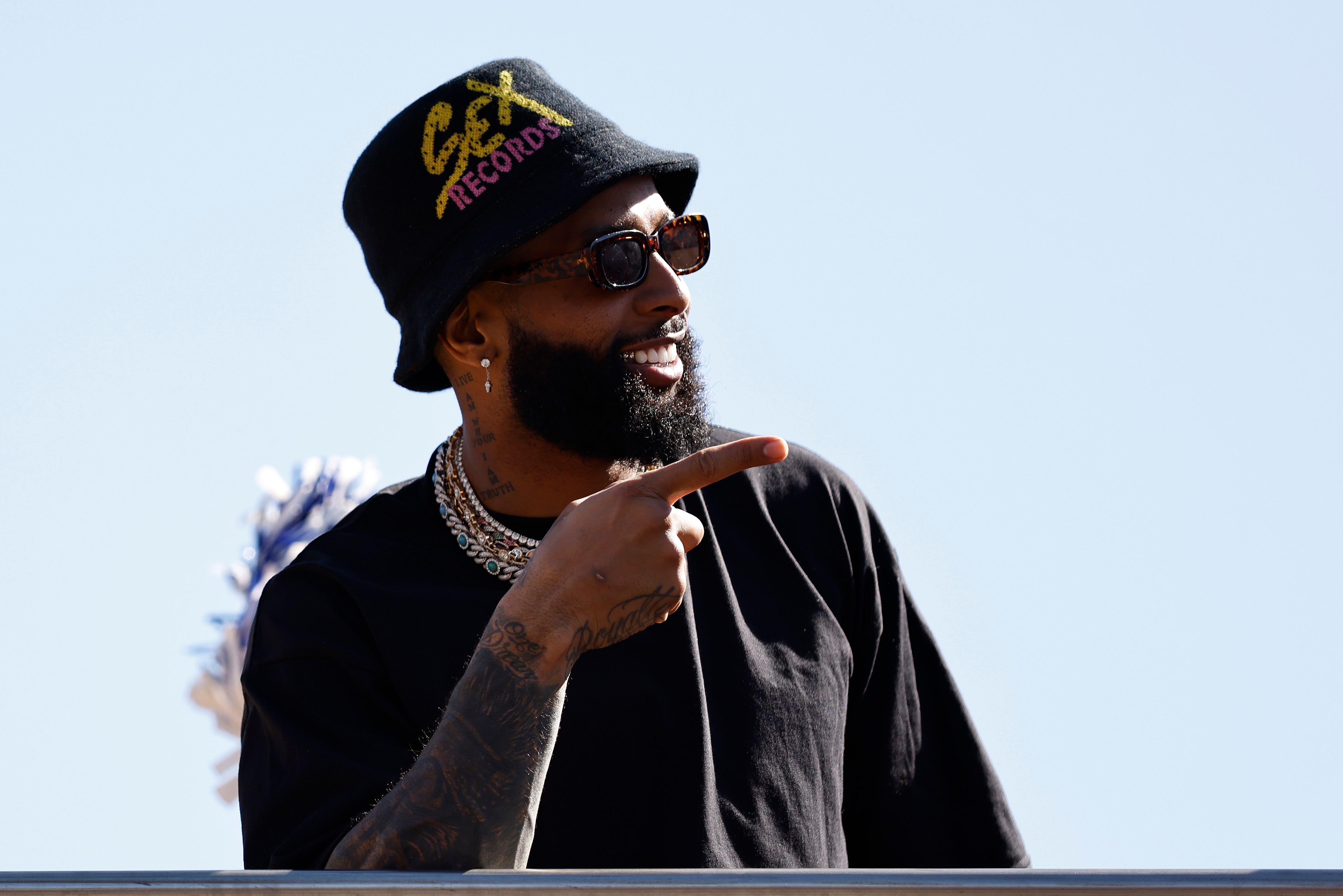 LOS ANGELES, CALIFORNIA - FEBRUARY 16: Odell Beckham Jr. #3 of the Los Angeles Rams celebrates during the Super Bowl LVI Victory Parade on February 16, 2022 in Los Angeles, California. (Photo by Michael Owens/Getty Images)