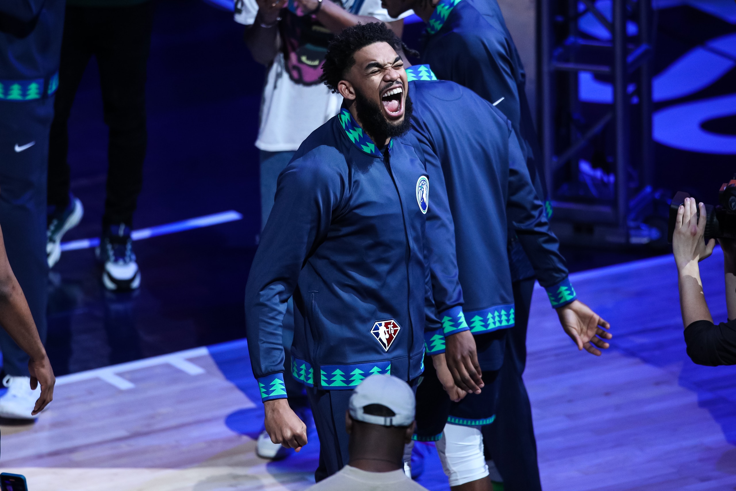 MINNEAPOLIS, MN - APRIL 29: Karl-Anthony Towns #32 of the Minnesota Timberwolves yells during player introductions before the start of Game Six of the Western Conference First Round against the Memphis Grizzlies at Target Center on April 29, 2022 in Minneapolis, Minnesota. NOTE TO USER: User expressly acknowledges and agrees that, by downloading and or using this Photograph, user is consenting to the terms and conditions of the Getty Images License Agreement. (Photo by David Berding/Getty Images)