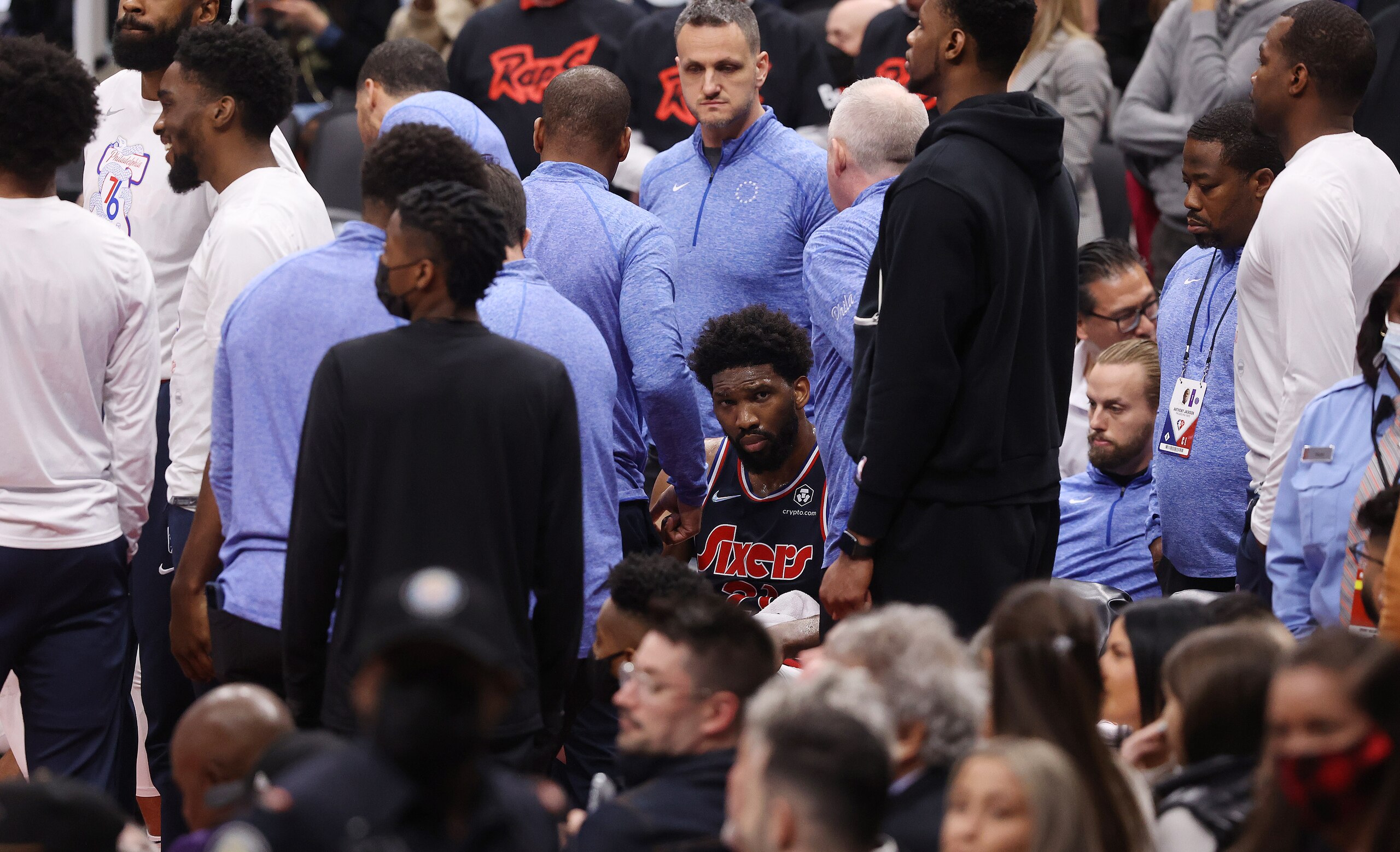 TORONTO, ON- APRIL 28  - Philadelphia 76ers center Joel Embiid (21) sits on the bench as the Toronto Raptors fall the Philadelphia 76ers in Game 6 and lose their first round NBA playoff series 4-2 in Scotiabank Arena in Toronto. April 28, 2022.        (Steve Russell/Toronto Star via Getty Images)
