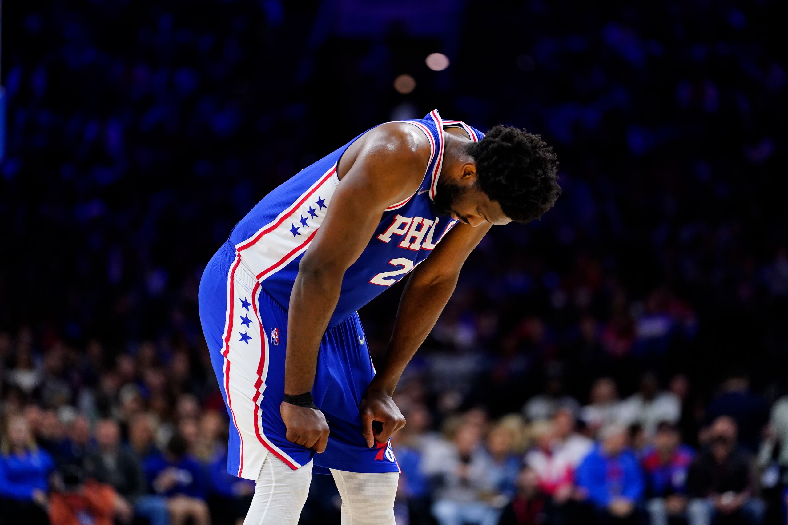 Philadelphia 76ers' Joel Embiid reacts during Game 5 of an NBA basketball first-round playoff series, Monday, April 25, 2022, in Philadelphia. (AP Photo/Matt Slocum) Philadelphia 76ers' Joel Embiid reacts during Game 5 of an NBA basketball first-round playoff series, Monday, April 25, 2022, in Philadelphia. (AP Photo/Matt Slocum)