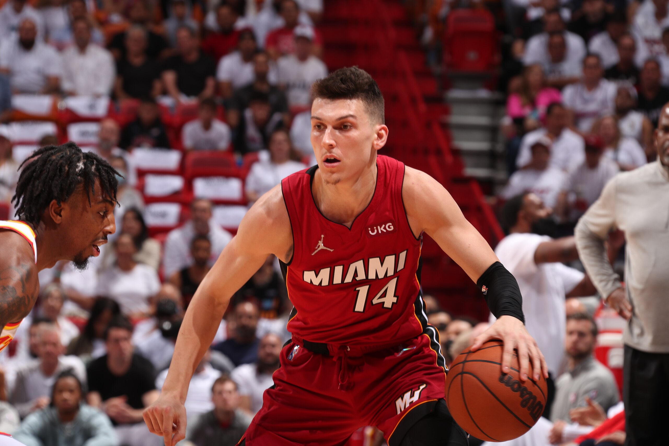 MIAMI, FL - APRIL 26: Tyler Herro #14 of the Miami Heat dribbles the ball during the game against the Atlanta Hawks  during Round 1 Game 5 of the 2022 NBA Playoffs on April 26, 2022 at FTX Arena in Miami, Florida. NOTE TO USER: User expressly acknowledges and agrees that, by downloading and or using this Photograph, user is consenting to the terms and conditions of the Getty Images License Agreement. Mandatory Copyright Notice: Copyright 2022 NBAE (Photo by Issac Baldizon/NBAE via Getty Images)