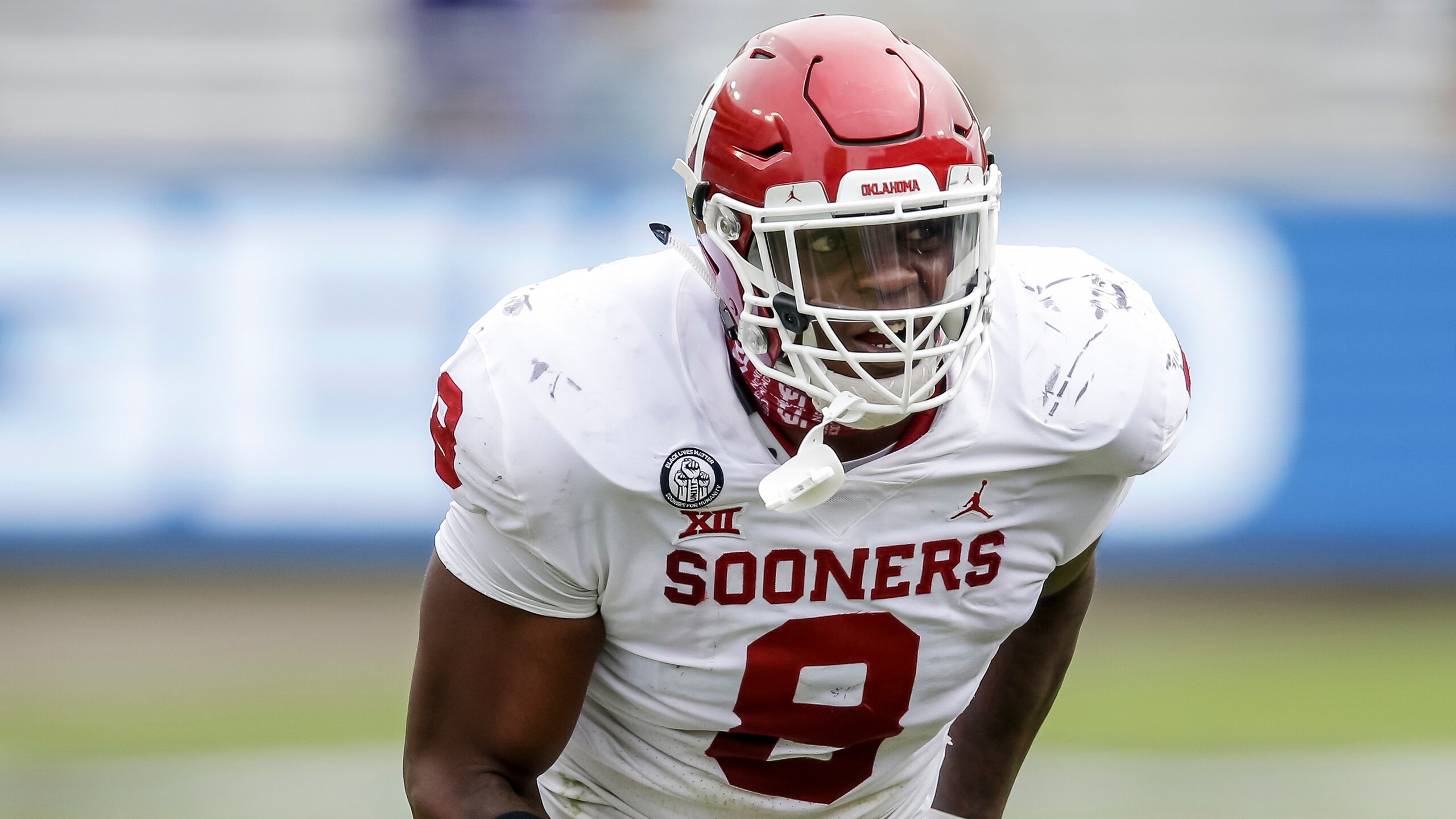 Oklahoma defensive lineman Perrion Winfrey (8) defends during an NCAA college football game against TCU, Saturday, Oct. 24, 2020, in Fort Worth, Texas. Oklahoma won 33-14. (AP Photo/Brandon Wade)