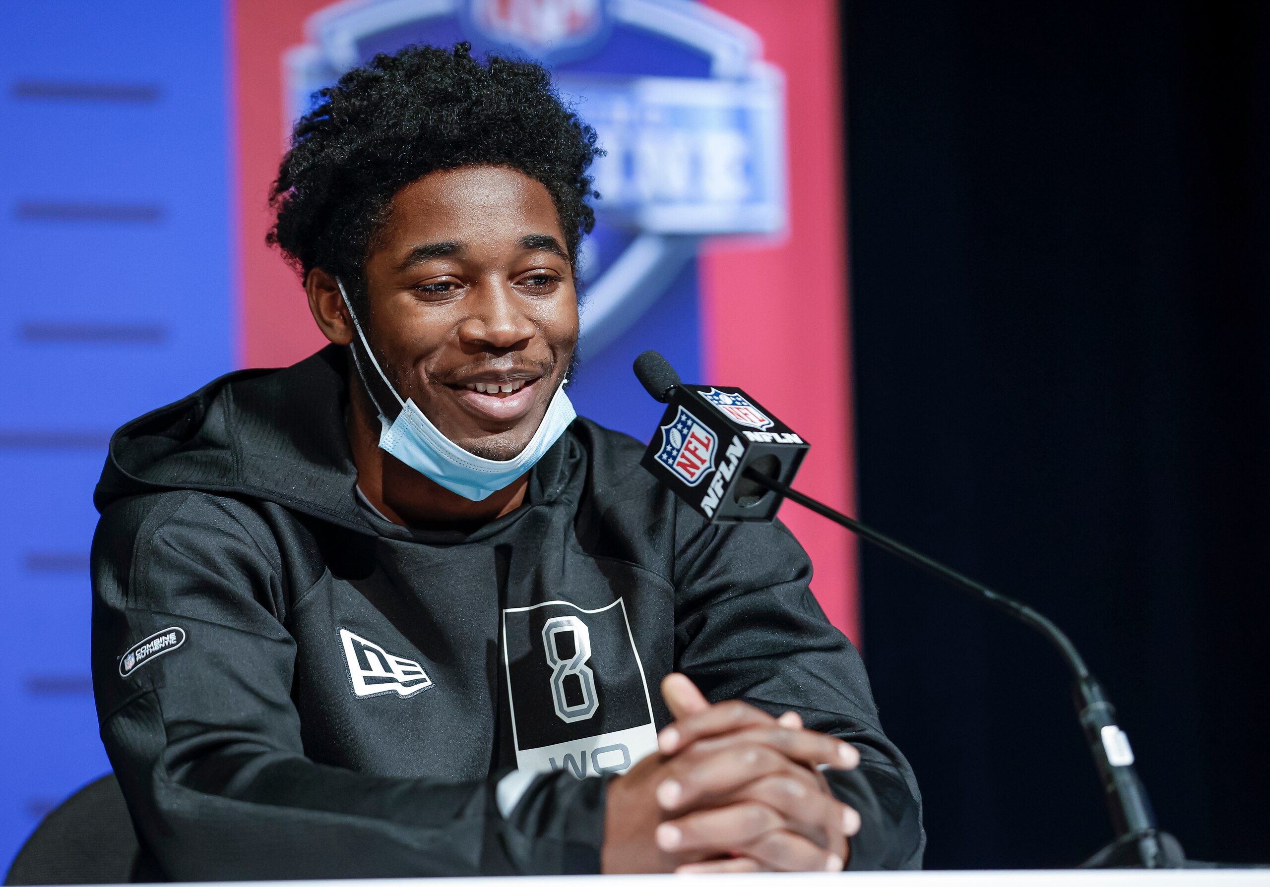 INDIANAPOLIS, IN - MAR 02: Romeo Doubs #WO08 of the Nevada speaks to reporters during the NFL Draft Combine at the Indiana Convention Center on March 2, 2022 in Indianapolis, Indiana. (Photo by Michael Hickey/Getty Images) INDIANAPOLIS, IN - MAR 02: Romeo Doubs #WO08 of the Nevada speaks to reporters during the NFL Draft Combine at the Indiana Convention Center on March 2, 2022 in Indianapolis, Indiana. (Photo by Michael Hickey/Getty Images)