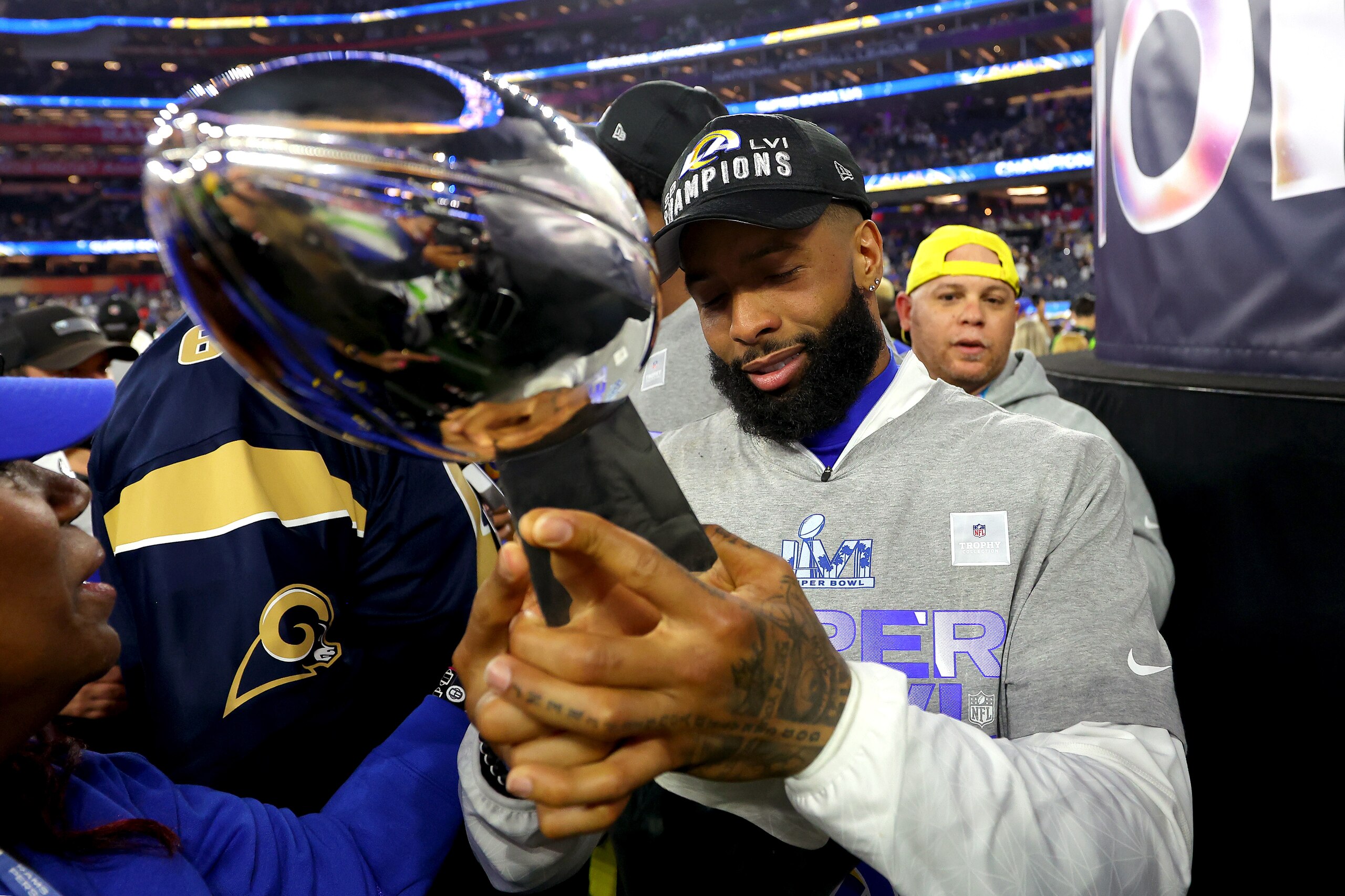 INGLEWOOD, CALIFORNIA - FEBRUARY 13: Odell Beckham Jr. #3 of the Los Angeles Rams celebrates after Super Bowl LVI at SoFi Stadium on February 13, 2022 in Inglewood, California. The Los Angeles Rams defeated the Cincinnati Bengals 23-20. (Photo by Kevin C. Cox/Getty Images) INGLEWOOD, CALIFORNIA - FEBRUARY 13: Odell Beckham Jr. #3 of the Los Angeles Rams celebrates after Super Bowl LVI at SoFi Stadium on February 13, 2022 in Inglewood, California. The Los Angeles Rams defeated the Cincinnati Bengals 23-20. (Photo by Kevin C. Cox/Getty Images)