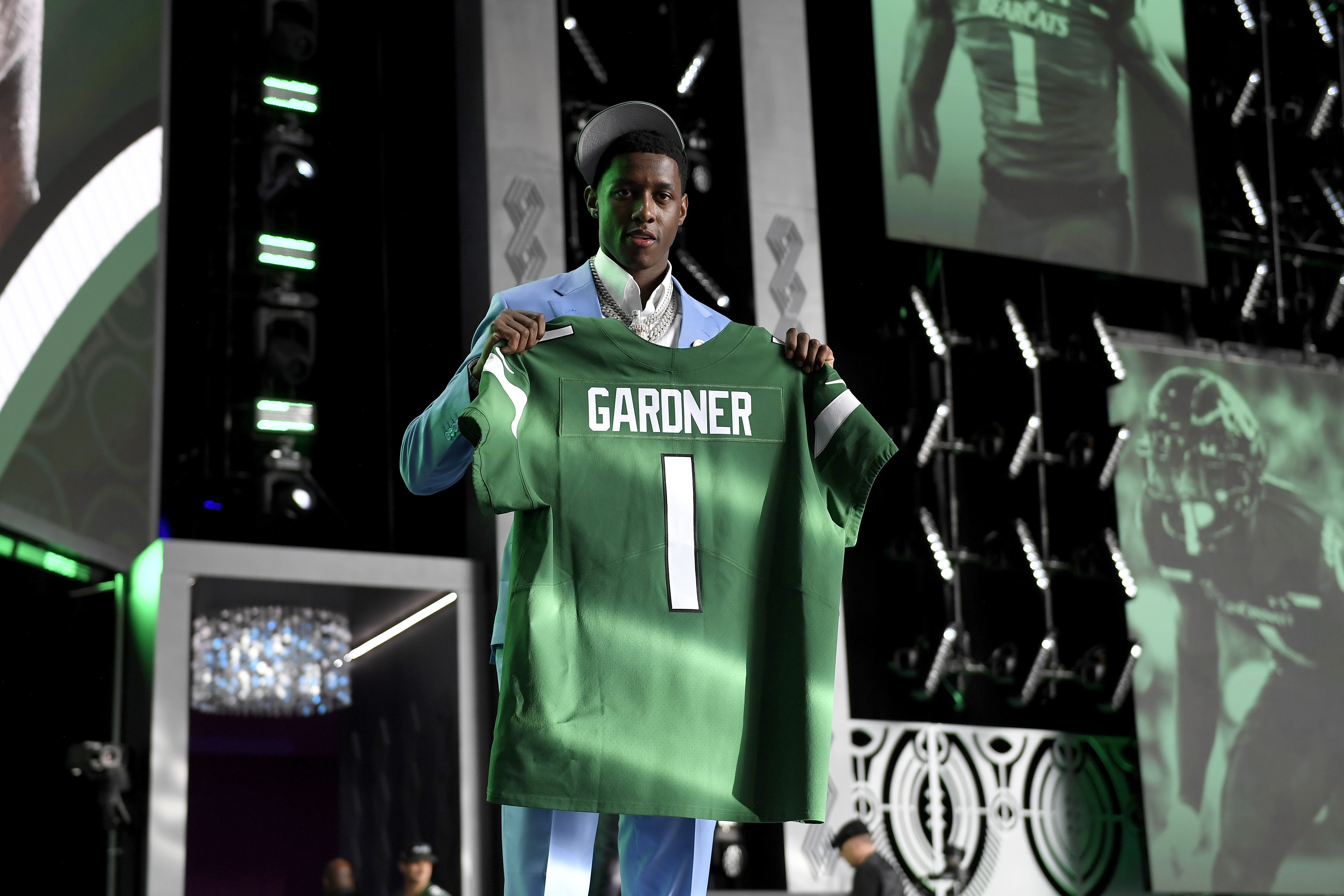 LAS VEGAS, NEVADA - APRIL 28: Ahmad Gardner poses onstage after being selected fourth by the New York Jets during round one of the 2022 NFL Draft on April 28, 2022 in Las Vegas, Nevada. (Photo by David Becker/Getty Images)