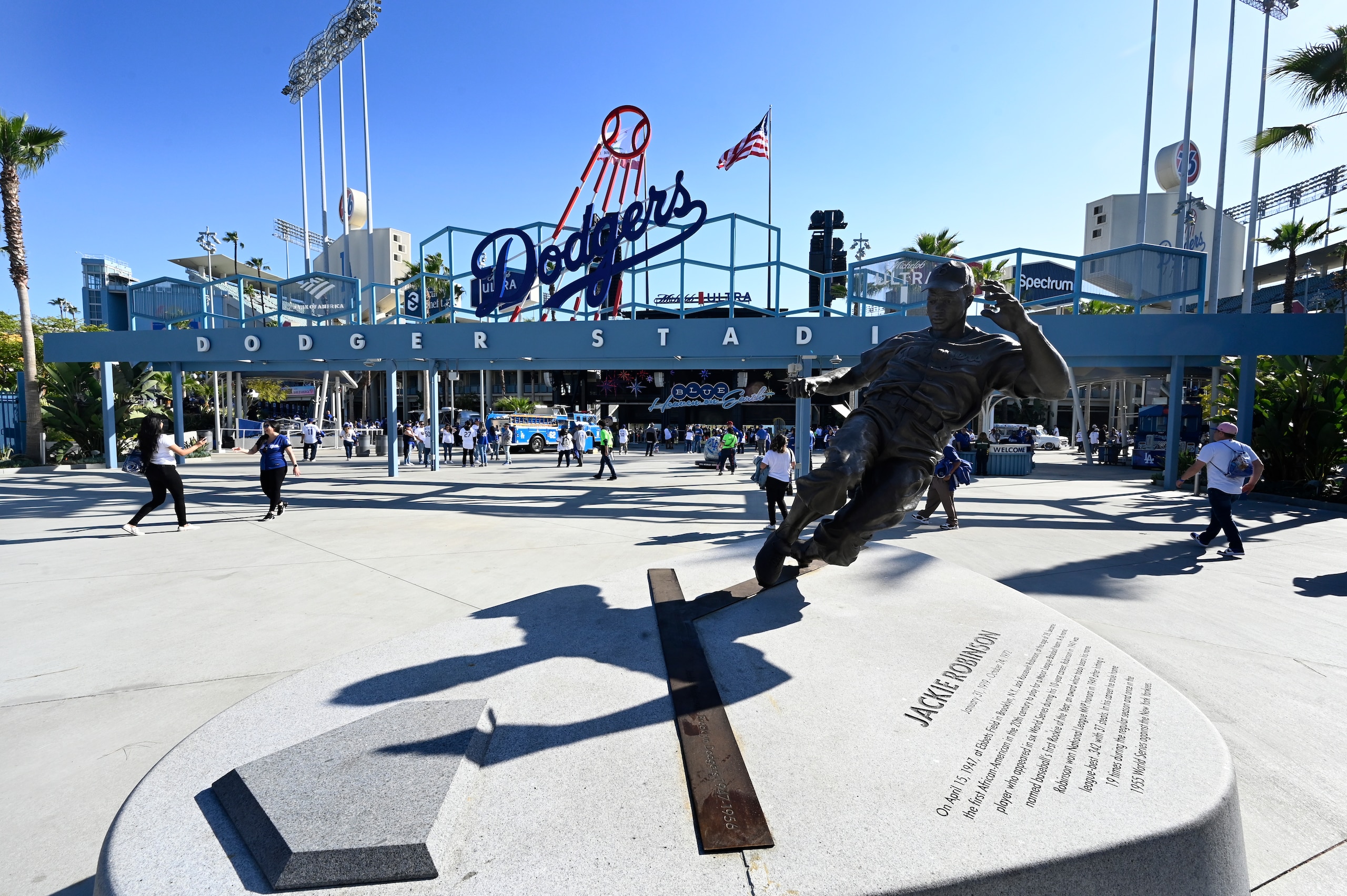 LOS ANGELES, CA - APRIL 14: This statue of Jackie Robinson stands at Dodger Stadium seen before the Los Angeles Dodgers played the Cincinnati Reds on April 14, 2022 at Dodger Stadium in Los Angeles, CA.(Photo by John McCoy/Icon Sportswire via Getty Images)