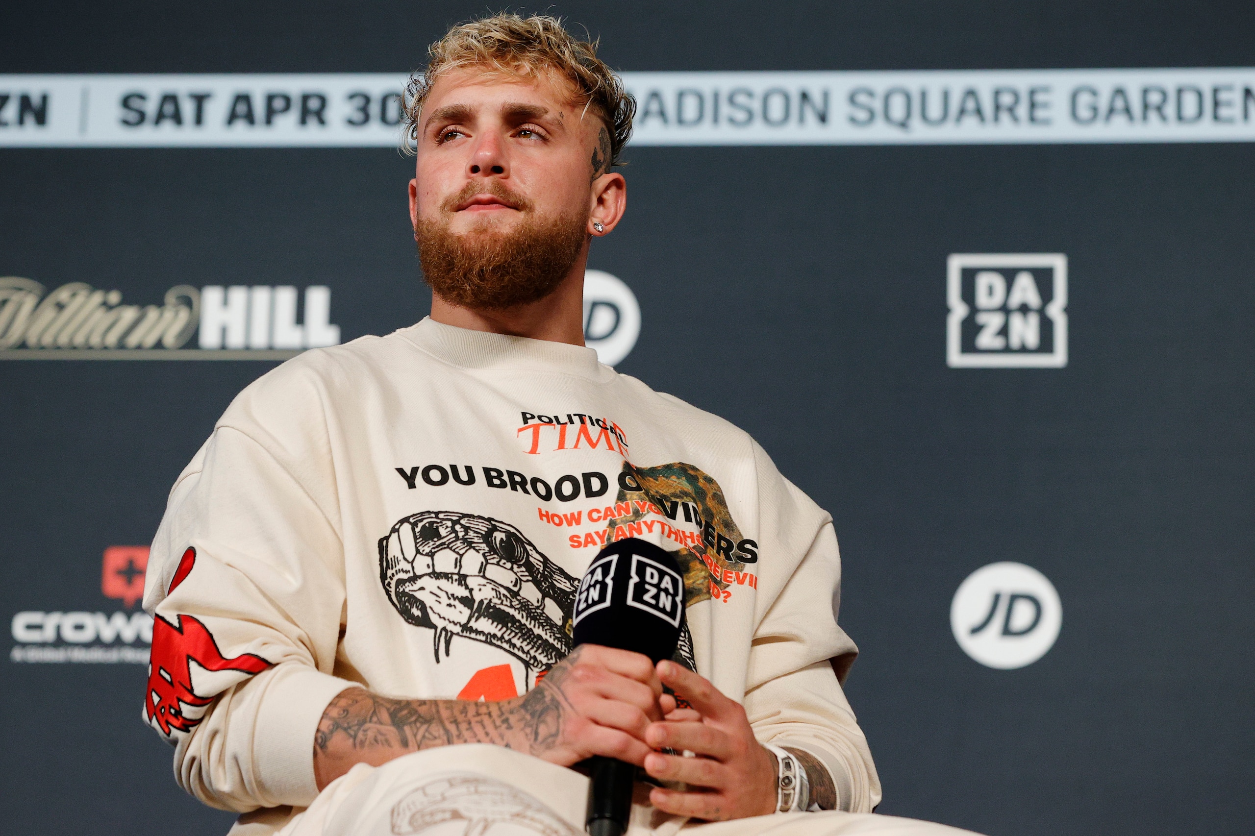NEW YORK, NEW YORK - APRIL 29: Most Valuable Promotions founder Jake Paul looks on during the Weigh-In leading up to the World Lightweight Title fight between Katie Taylor (not pictured) and Amanda Serrano (not pictured) at The Hulu Theater at Madison Square Garden on April 29, 2022 in New York, New York. The bout will be the first women's combat sports fight to headline Madison Square Garden. (Photo by Sarah Stier/Getty Images)